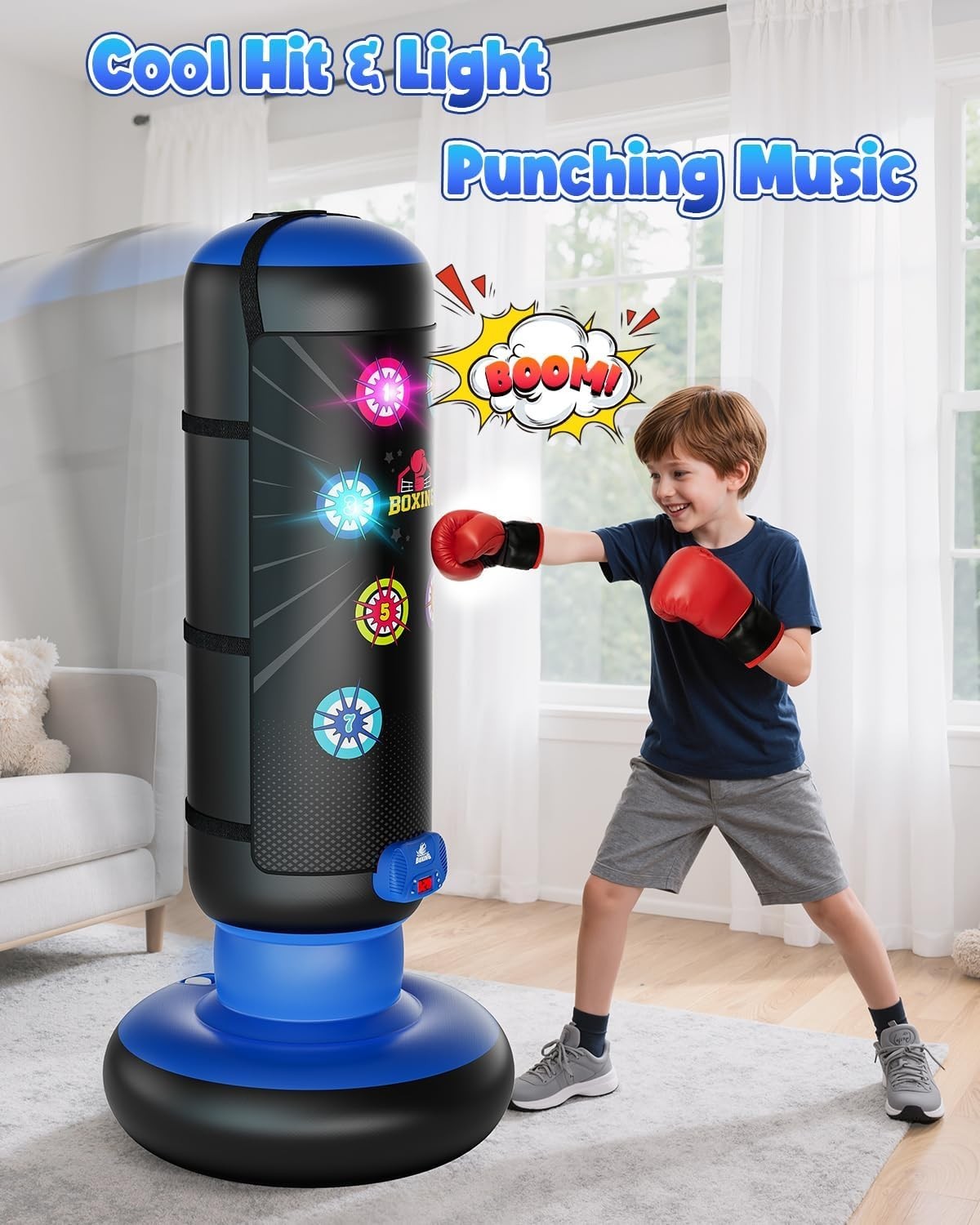 Kids Punching Bag Game Inflatable Boxing Toy Lights Music Gloves