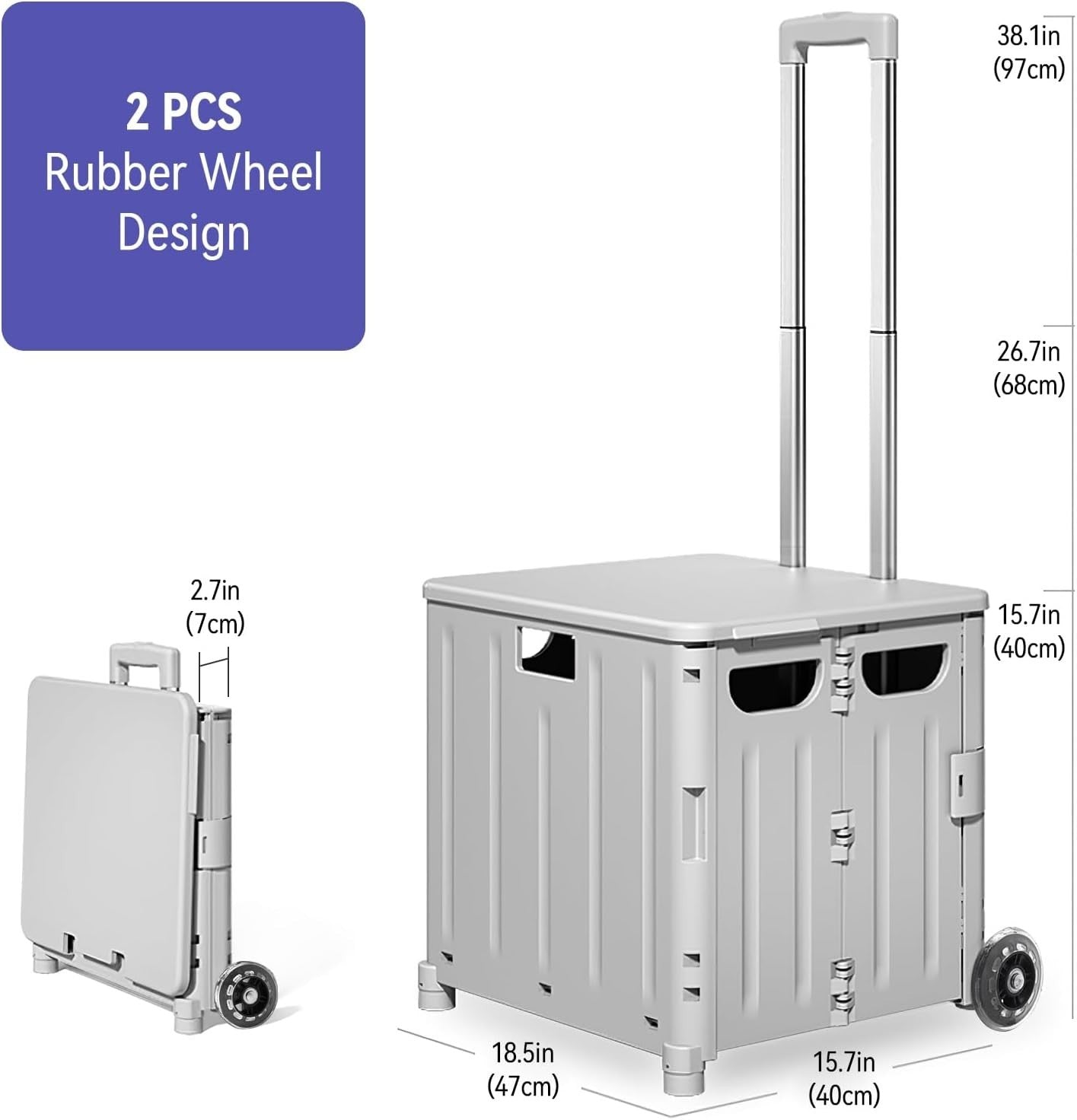 65L Foldable Shopping Trolley with Lid Wheels Utility Cart Grey
