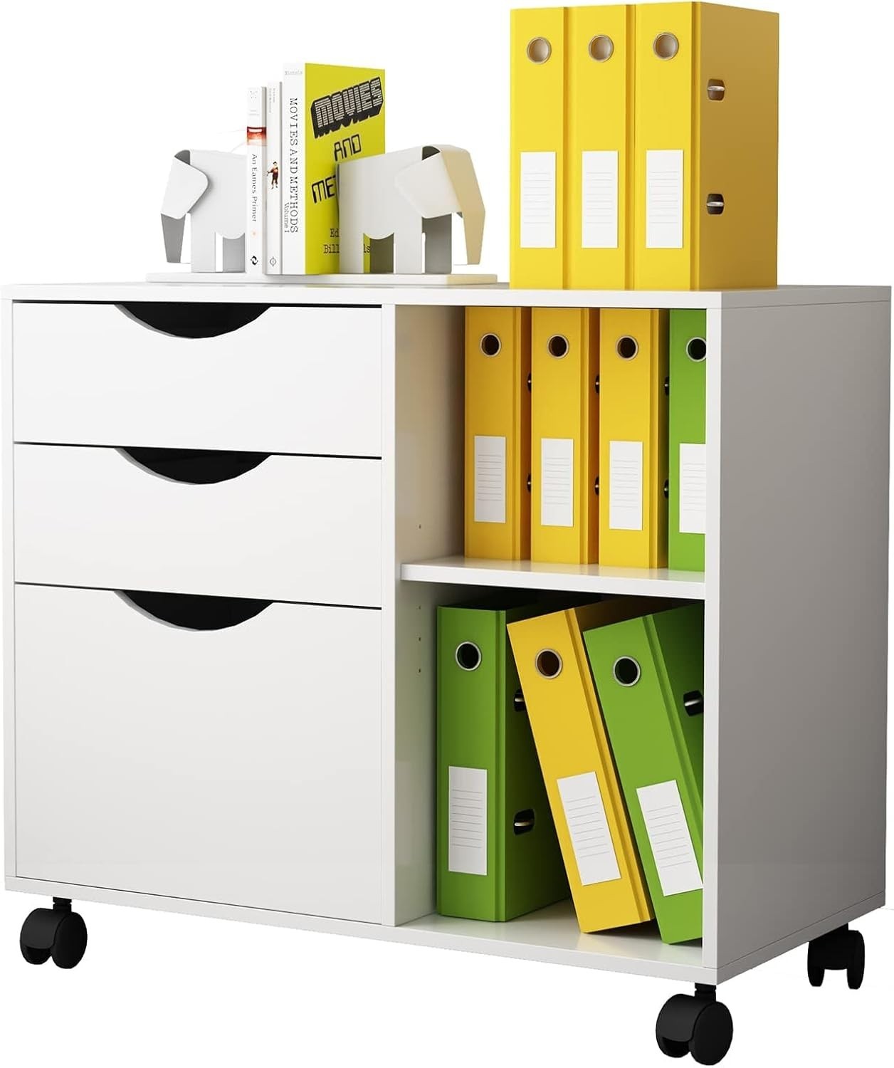 Large Rolling Lateral File Cabinet 3 Drawer Open Shelf Printer Stand