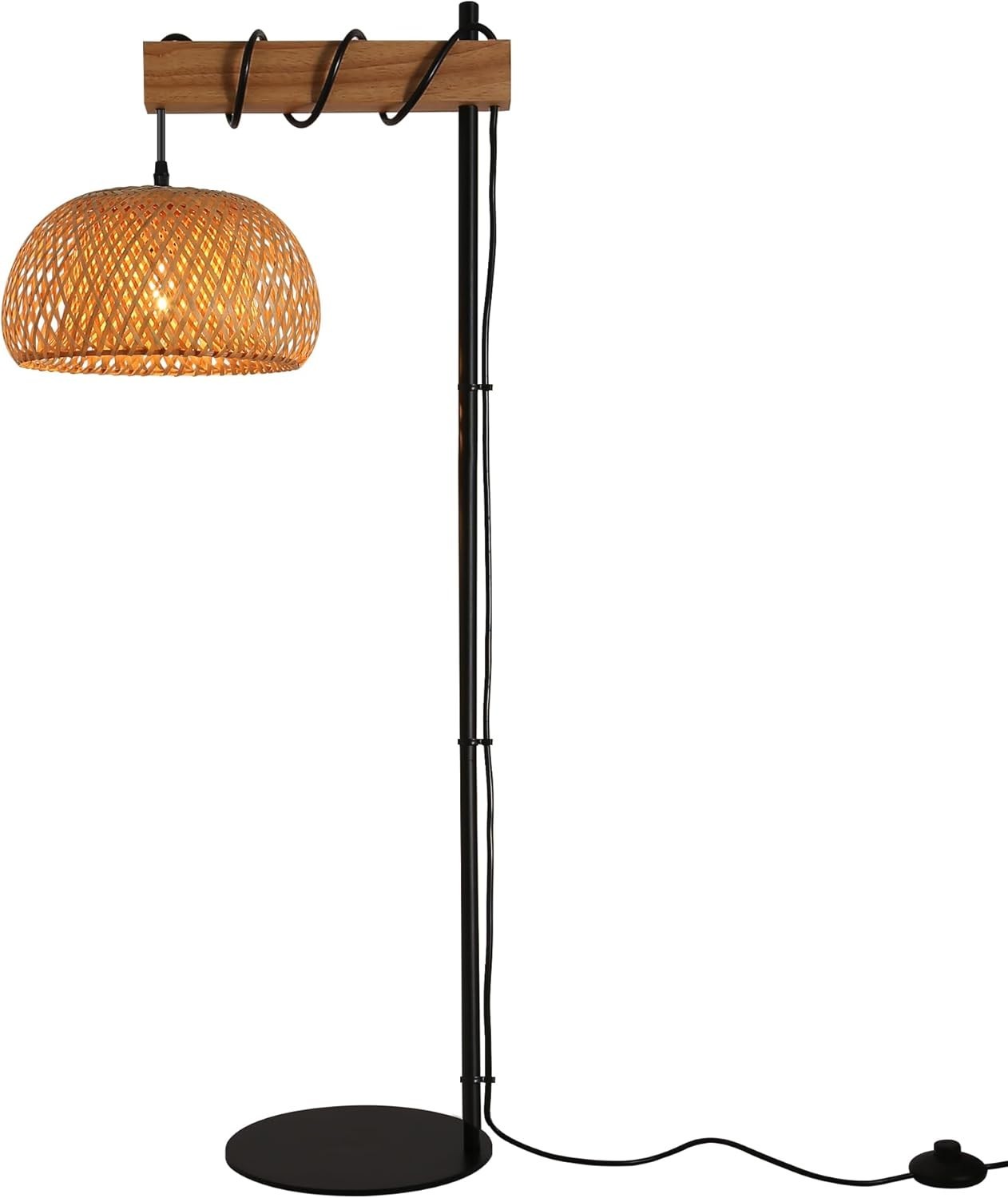 Boho Rattan Floor Lamp with Bamboo Shade & Foot Switch, 150cm Tall