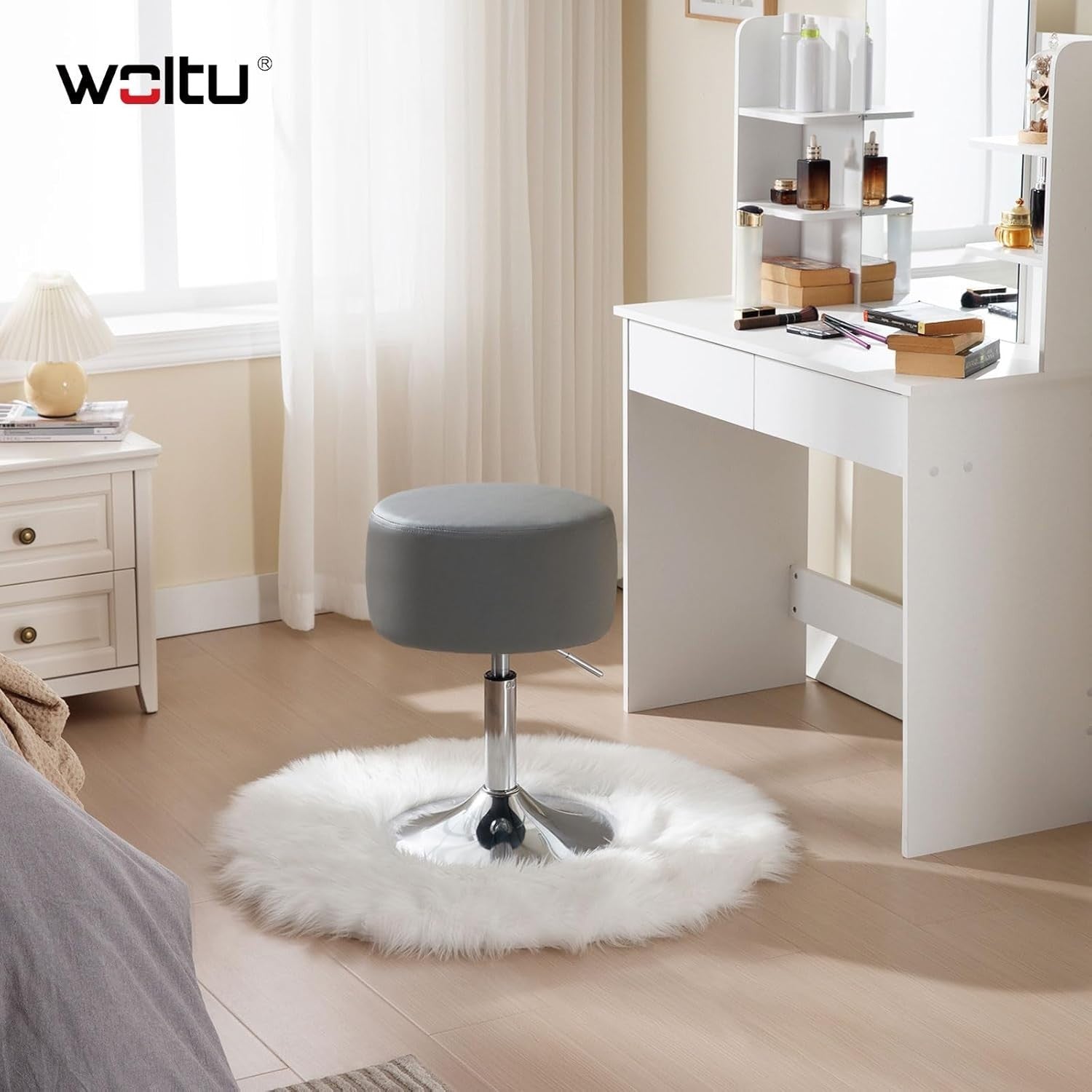 Set of 2 Grey Faux Leather Swivel Bar Stools Height Adjustable Counter Seats