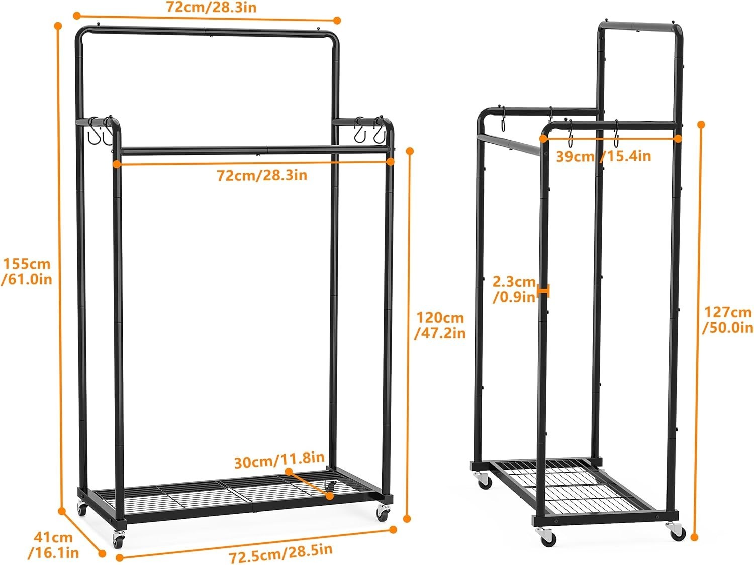 Double Clothes Rail 80KG Heavy Duty Rack With Shelf Black