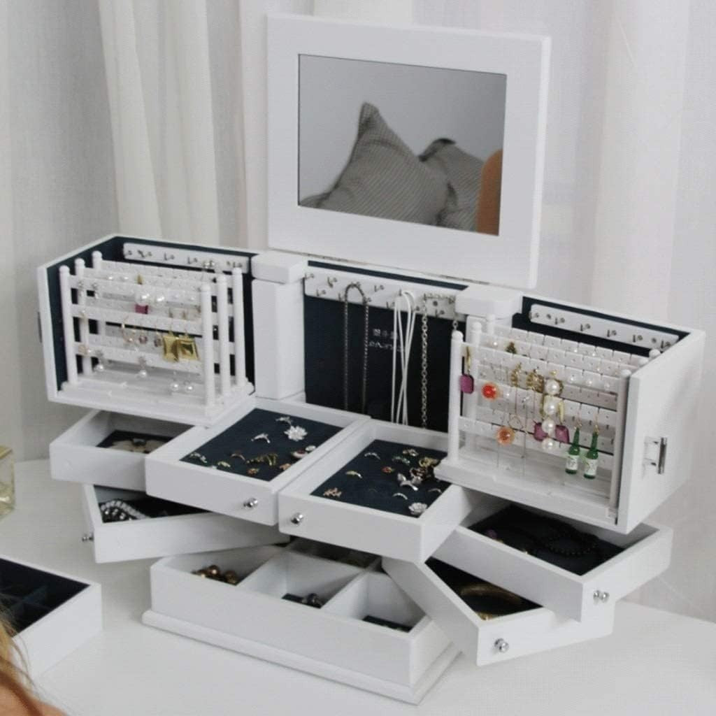 White Wooden Jewelry Box with Mirror Lid 5 Layer Large Organizer Case