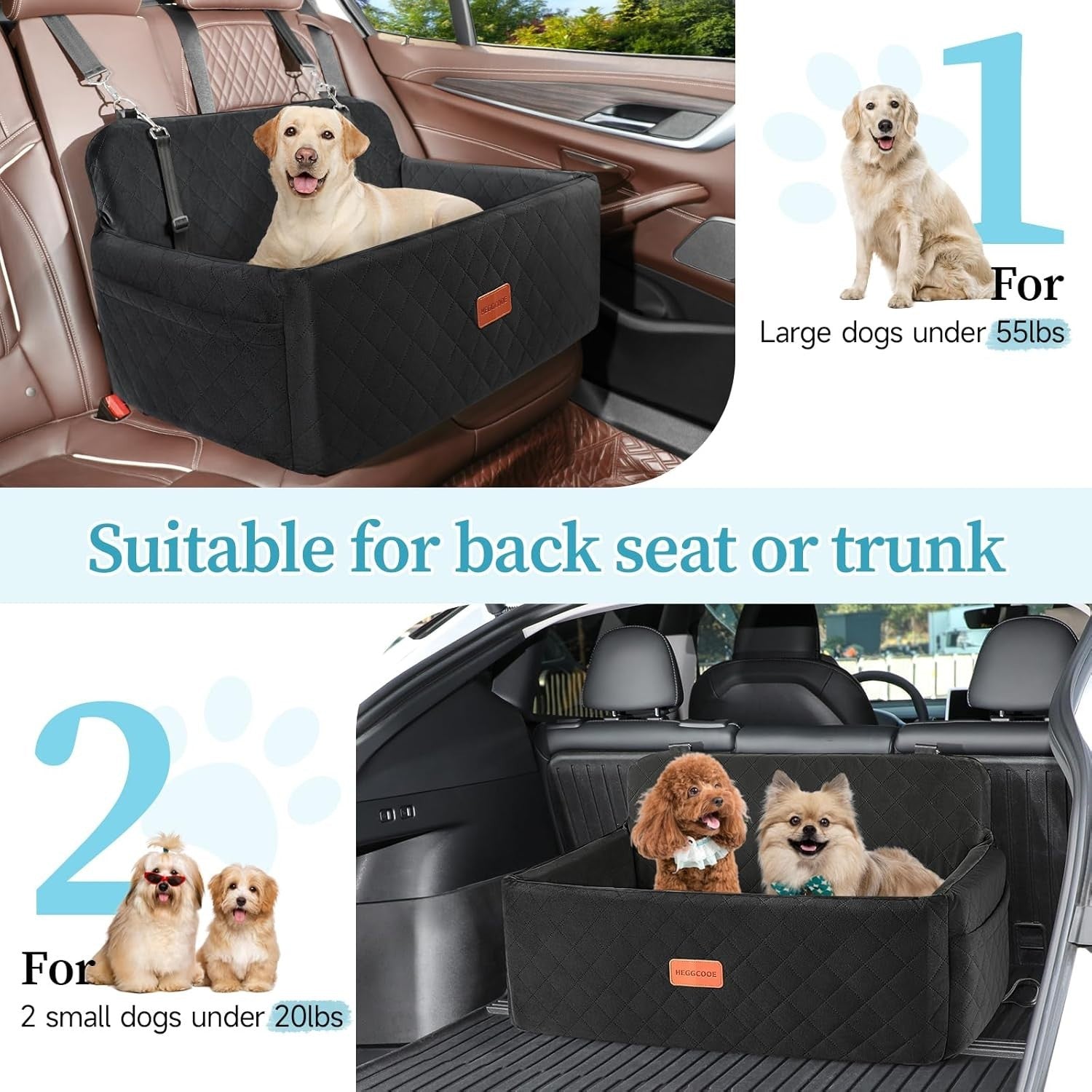 Large Dog Booster Car Seat Washable Travel Bed 55lb Black Backseat