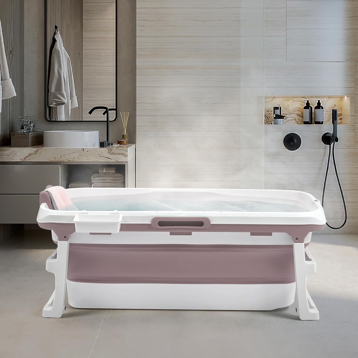Portable Foldable Adult Bathtub 135x54x61cm Pink Spa Bath with Lid & Massage