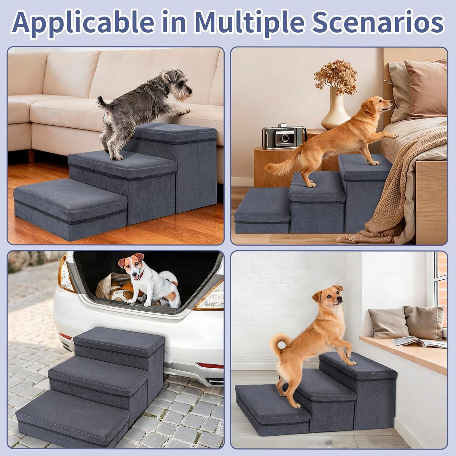 Dark Grey 3 Step Pet Stairs with Storage Extra Wide Foldable