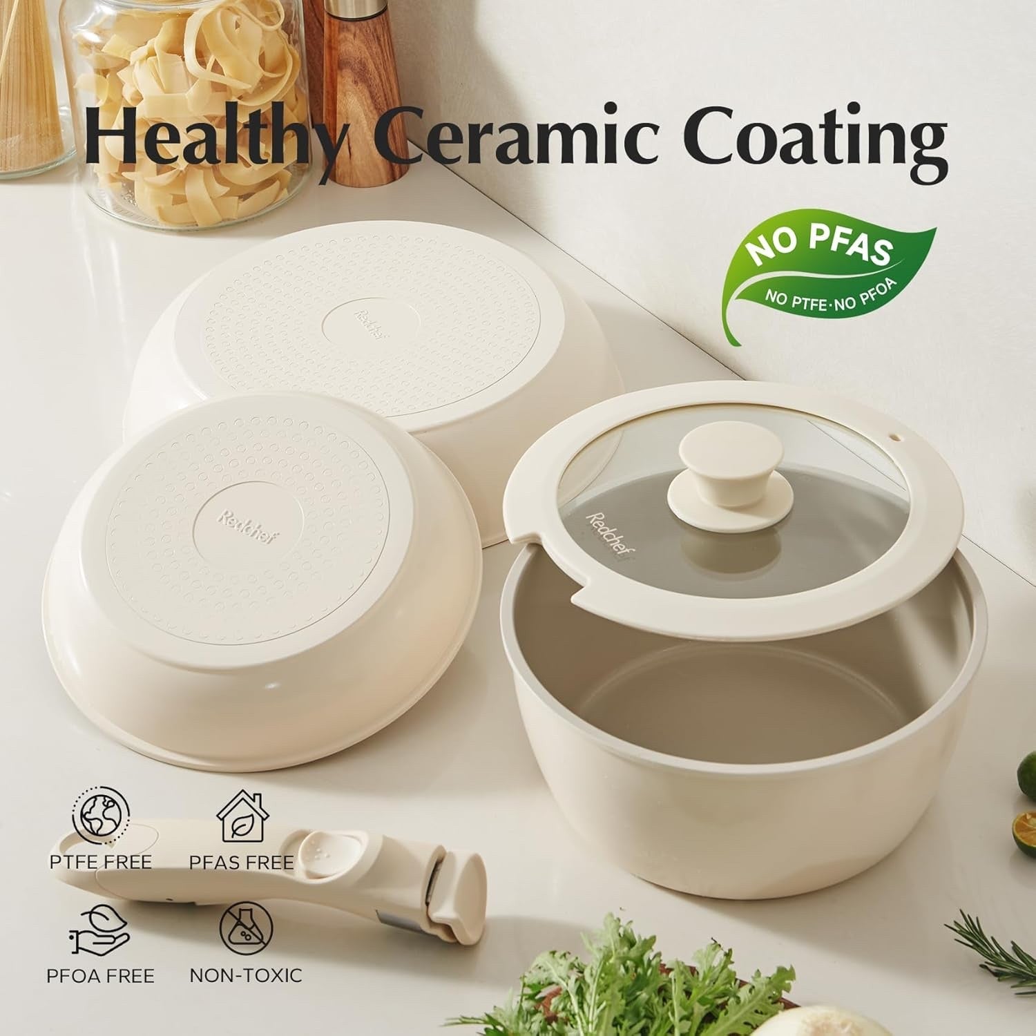 5pcs Beige Non Stick Ceramic Cookware Set with Detachable Handle PFAS PFOA Free