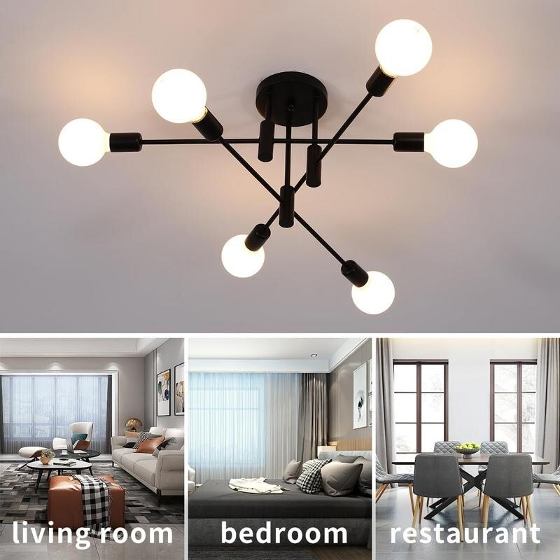 Modern 6-Light Sputnik Chandelier Black Ceiling Light E27 for Home