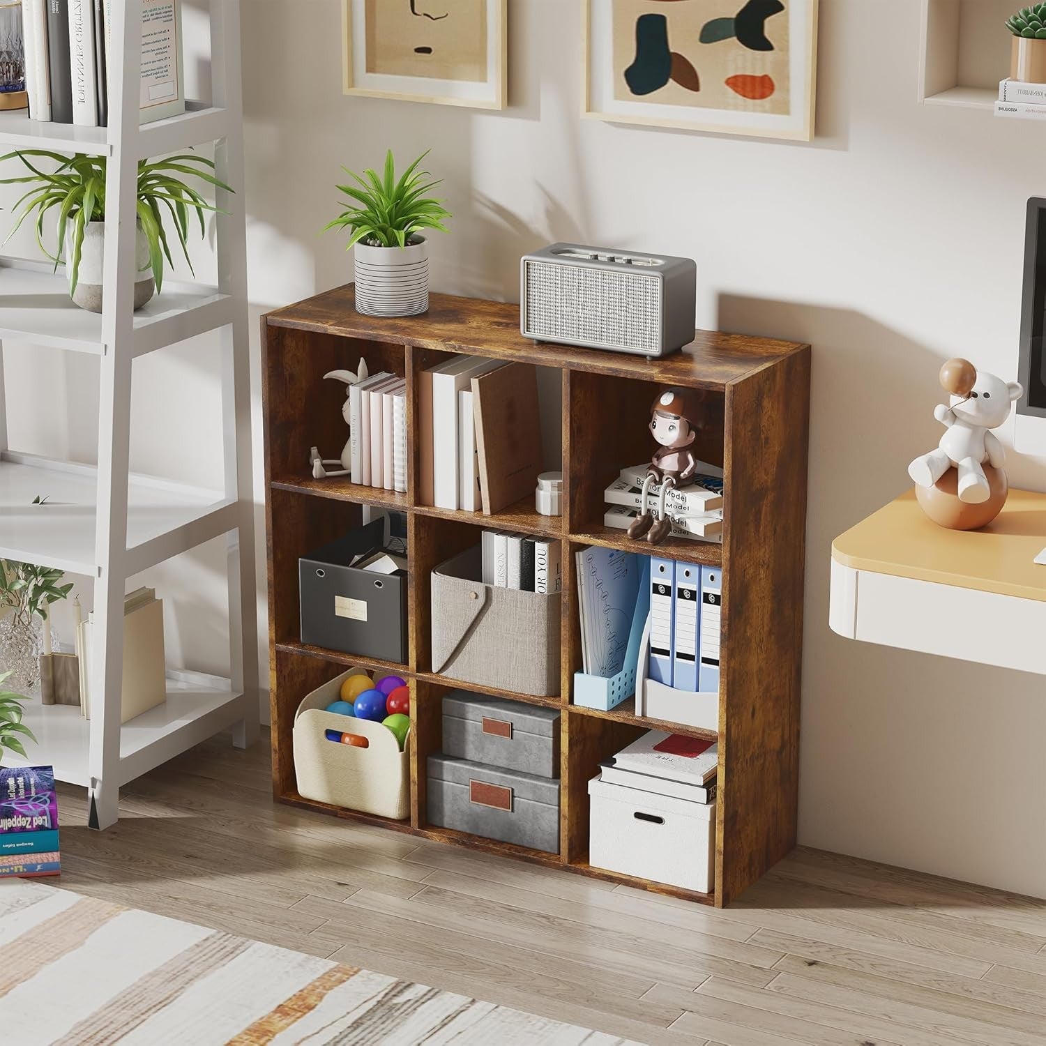 Rustic 9-Cube Bookcase Storage Unit Organiser Shelving for Home Office Living