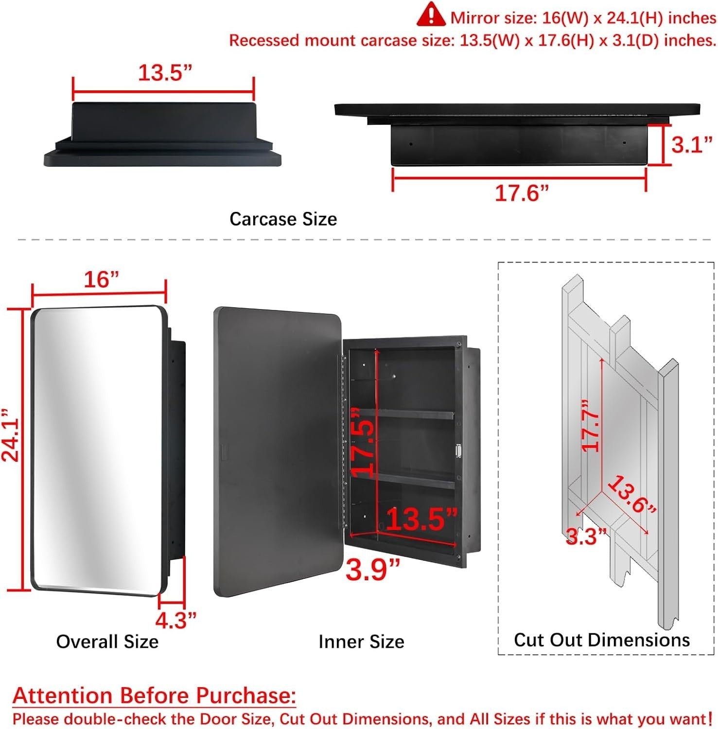 Wall-Mounted Plastic Mirror Cabinet with Adjustable Shelves & Golden Frame