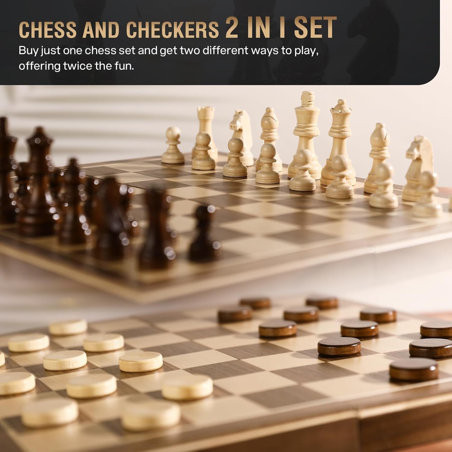 15" Magnetic 2-in-1 Wooden Chess & Draughts Board Set w/ Extra Queens
