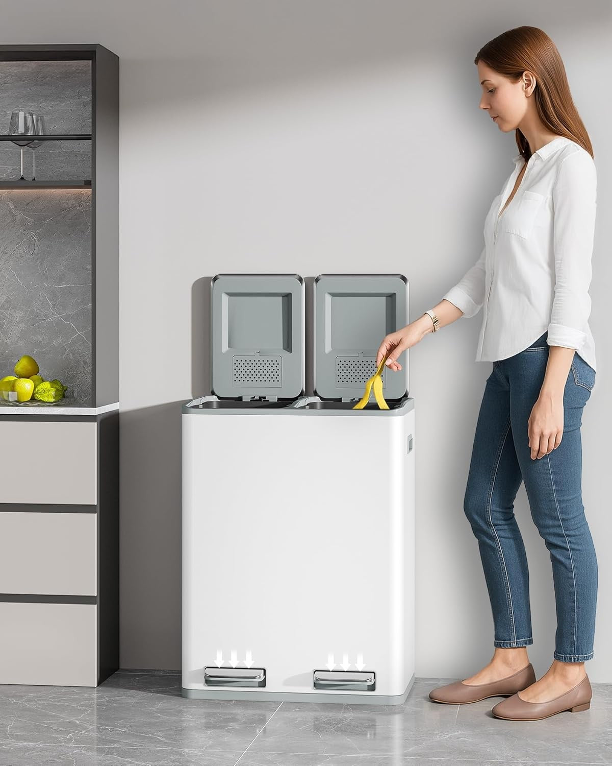 60L Double Kitchen Recycling Bin | 2 x 30L Stainless Steel Pedal Bin White