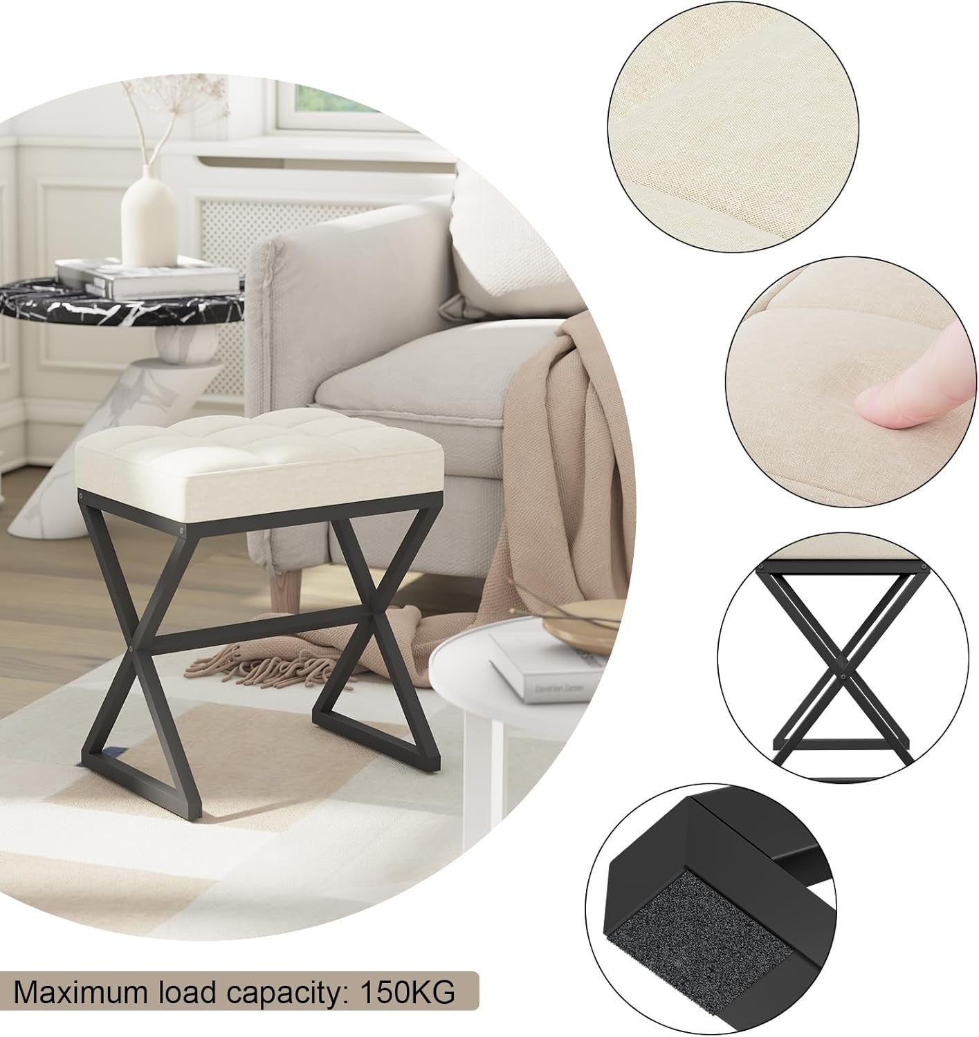 Beige Linen Vanity Stool Square Ottoman X-Leg Metal Footrest Bench 40x30x46cm