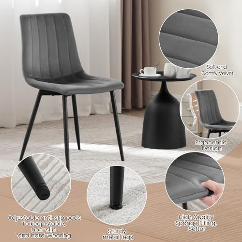 4 Velvet Dining Chairs Padded Upholstered Seat Metal Legs Modern Grey
