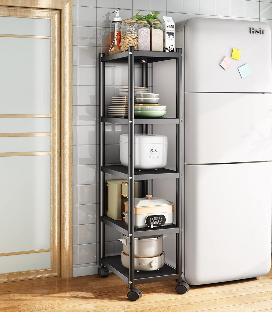 5 Tier Metal Storage Trolley on Wheels Narrow Heavy Duty Shelving Unit Rack