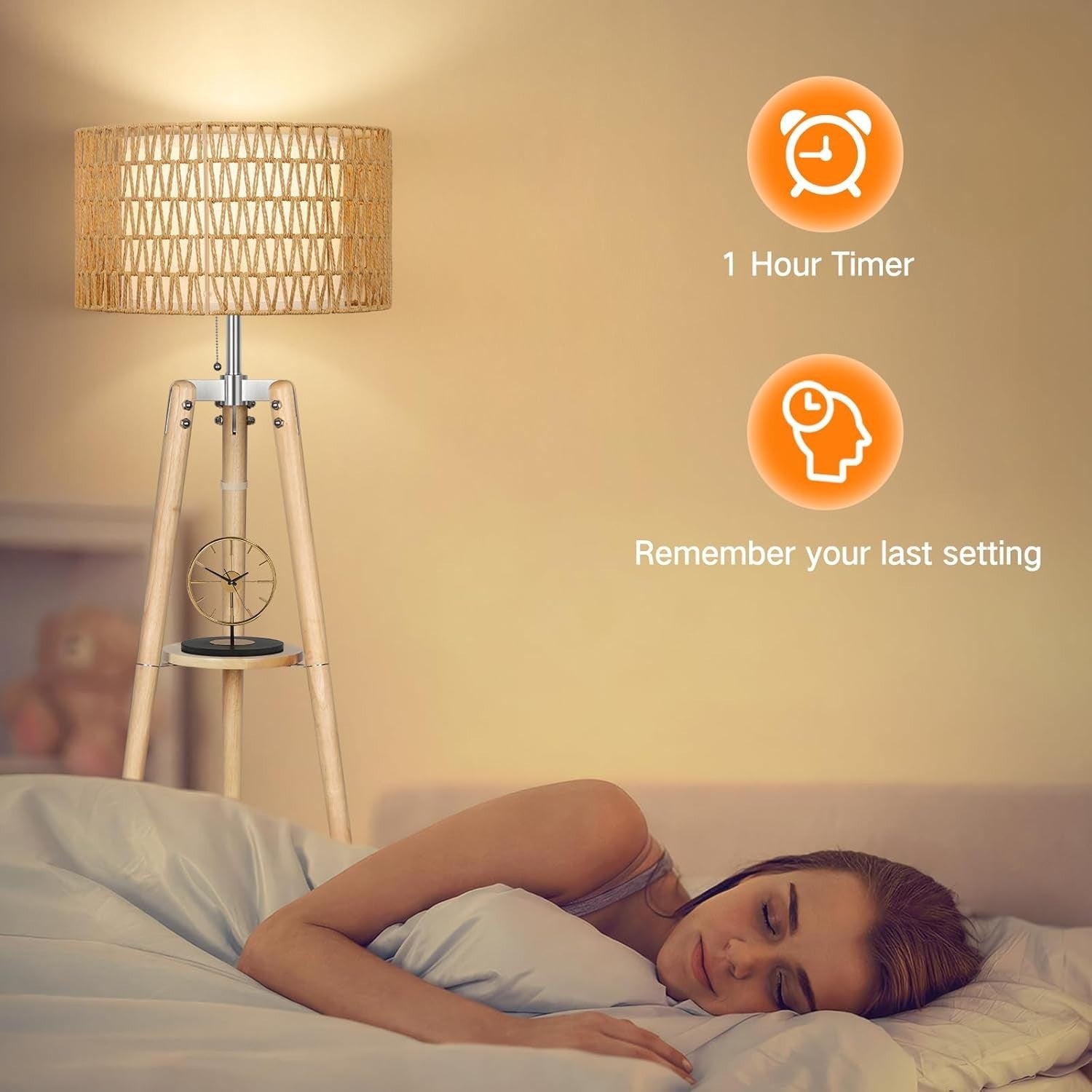 Adjustable Rattan Floor Lamp with Shelves & Remote, Dimmable Warm Light