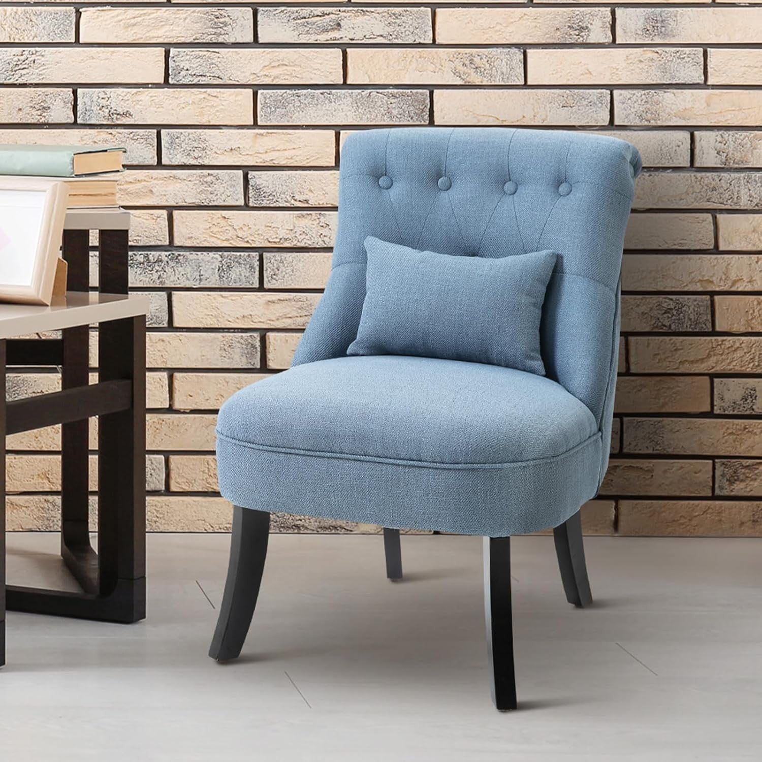 Blue Linen Accent Tub Chair Button Tufted Armless Lounge Chair
