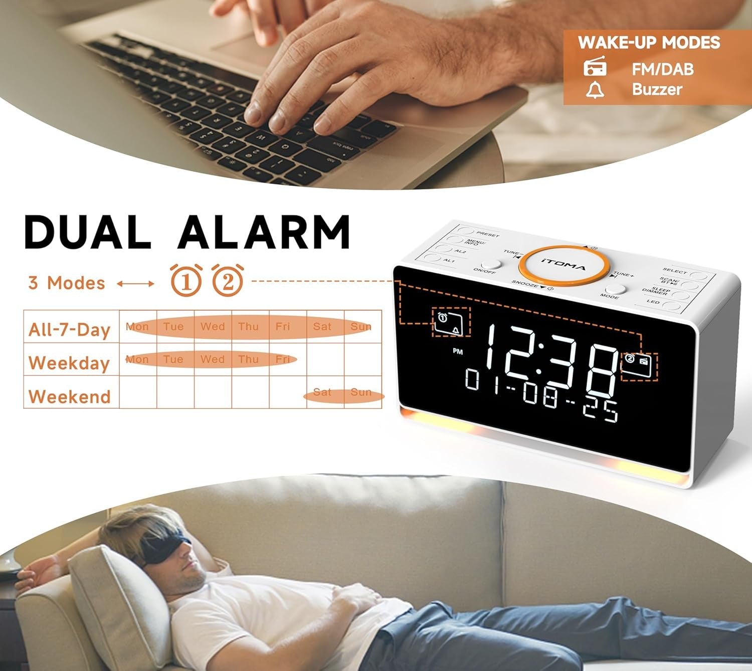DAB+ FM Radio Alarm Clock Bluetooth Dual Alarm Snooze USB White LED