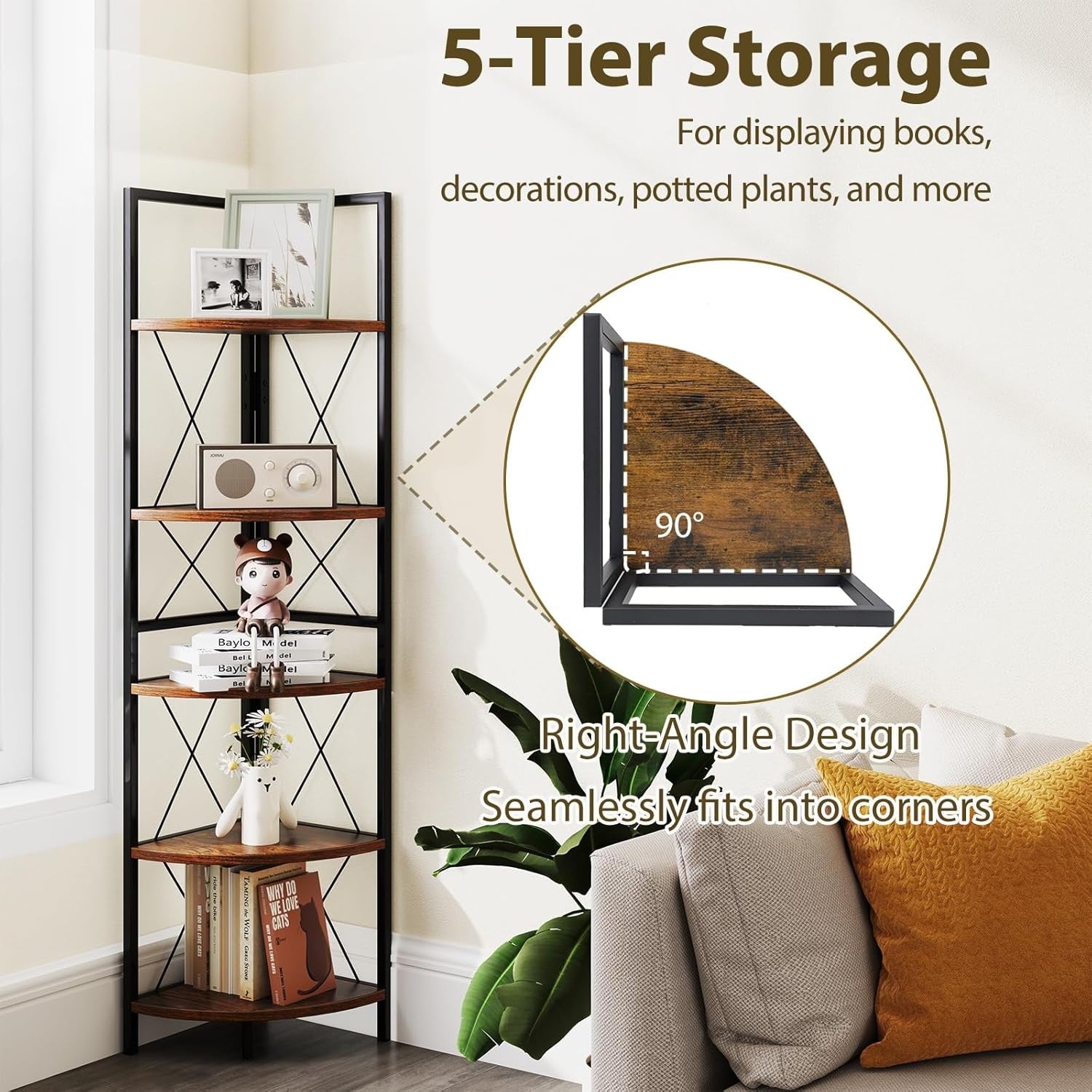 5-Tier Corner Ladder Shelf Rustic Brown | Space-Saving Display & Storage Unit