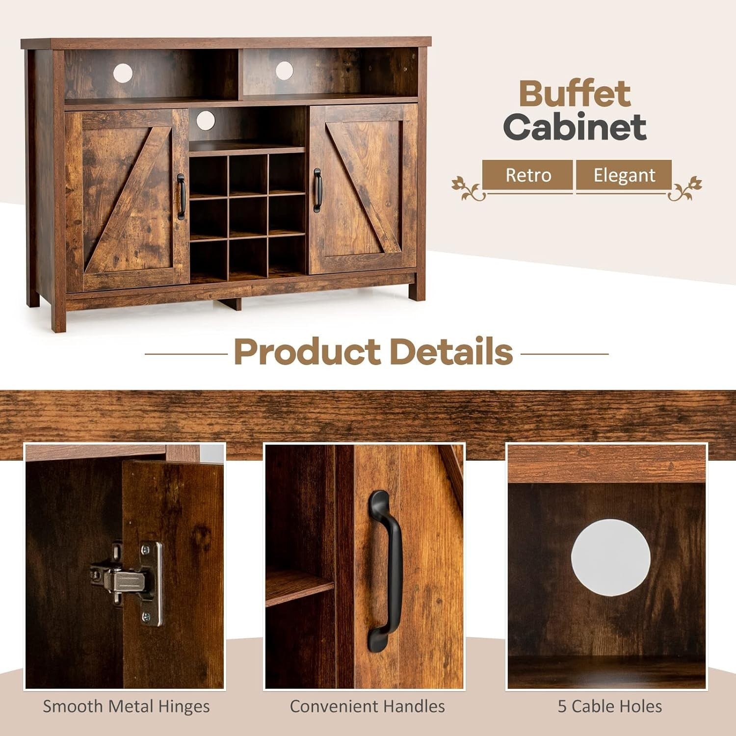 Rustic Buffet Sideboard Drinks Cabinet with 9-Bottle Wine Rack & Adjustable