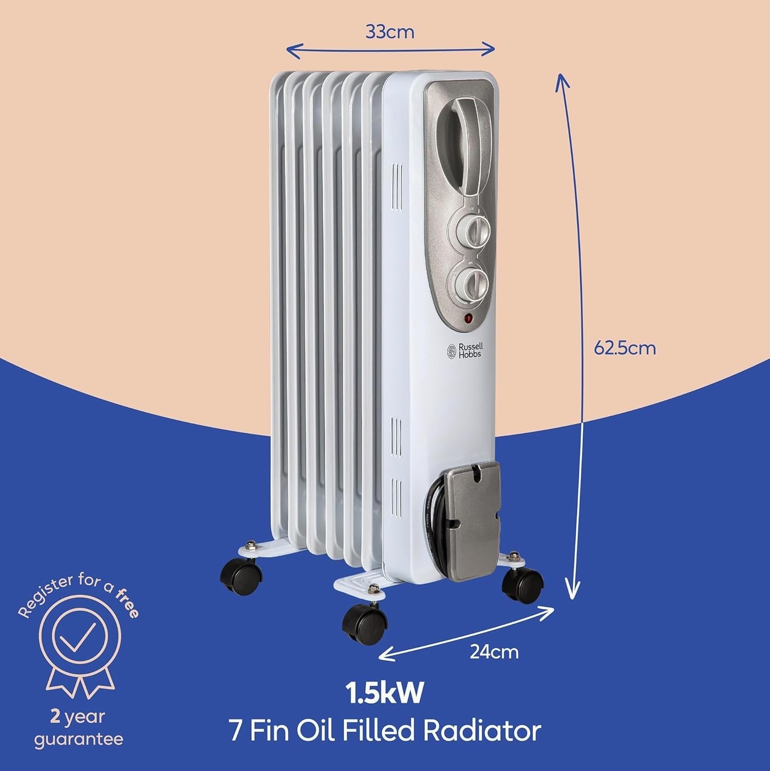 Portable 1500W Oil Filled Radiator Heater 7 Fins Adjustable Thermostat