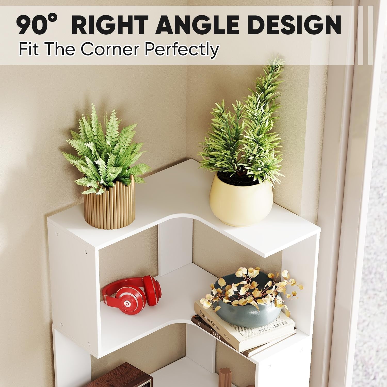 5-Tier Corner Bookshelf White Freestanding Slim Storage Display Unit 175cm