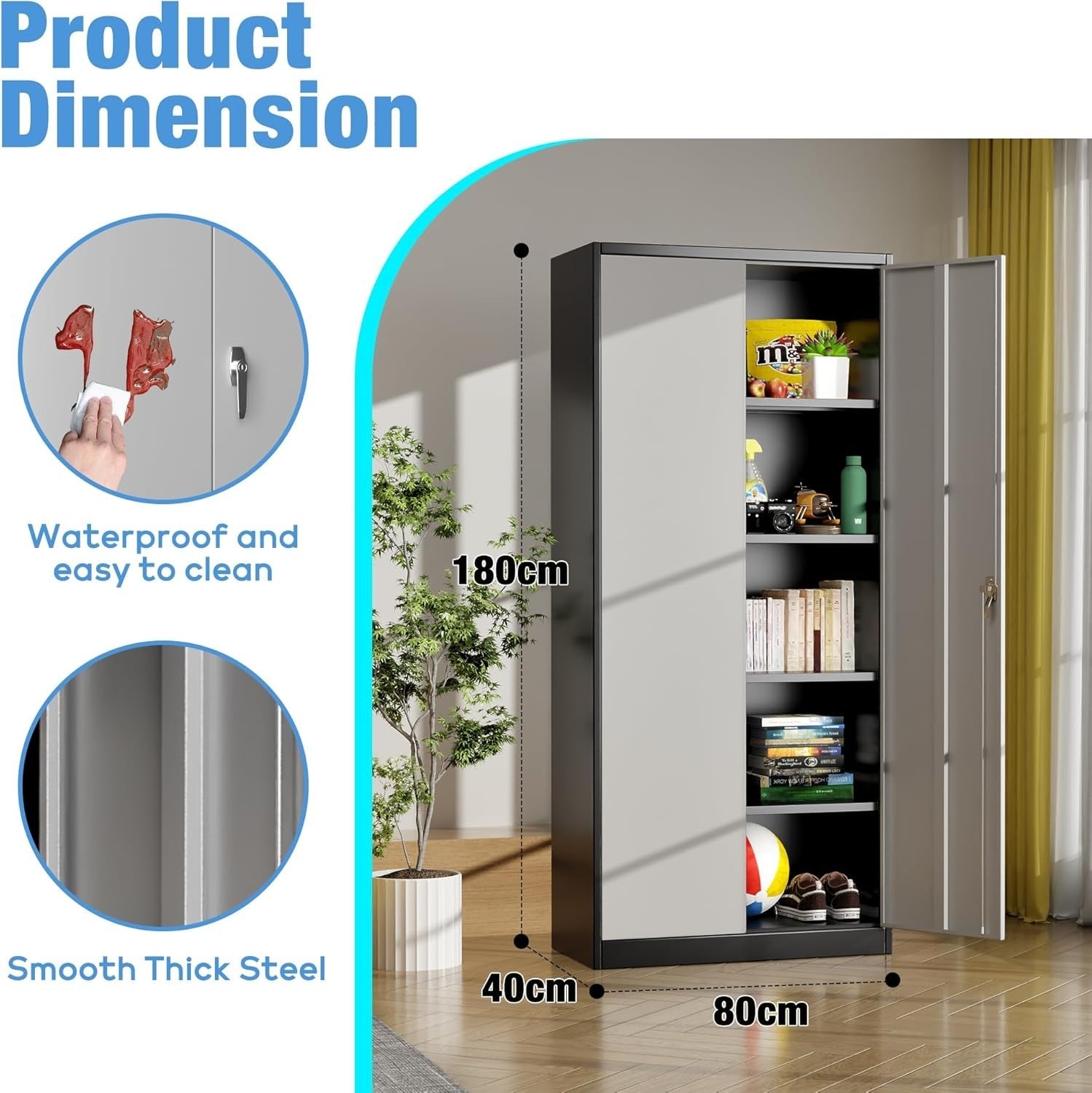 Black Grey Tall Metal Storage Cabinet 80x40x180cm Lockable Steel