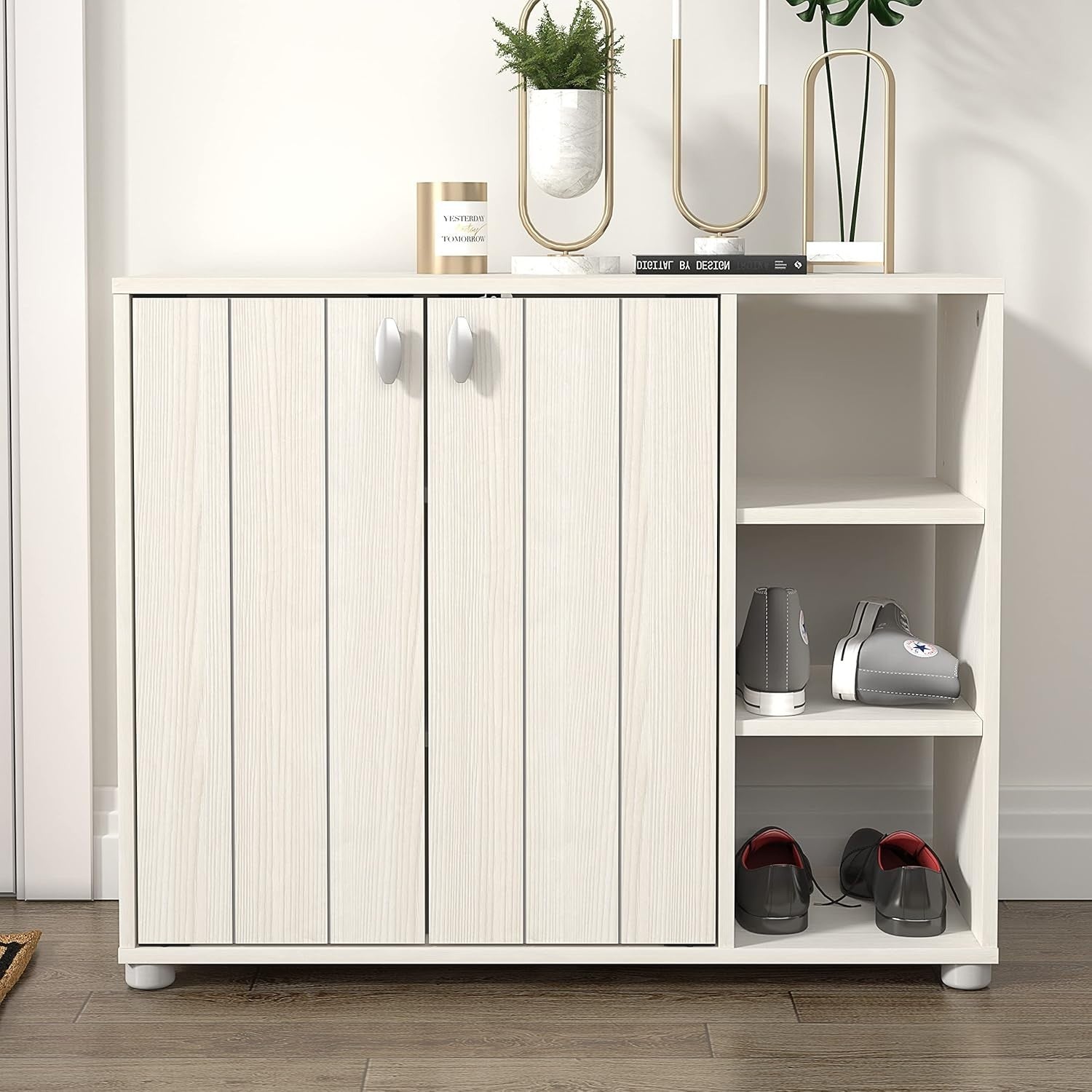 Cream Oak 2-Door Shoe Cabinet 12-Pair Storage 79.6x35.3x64.6cm