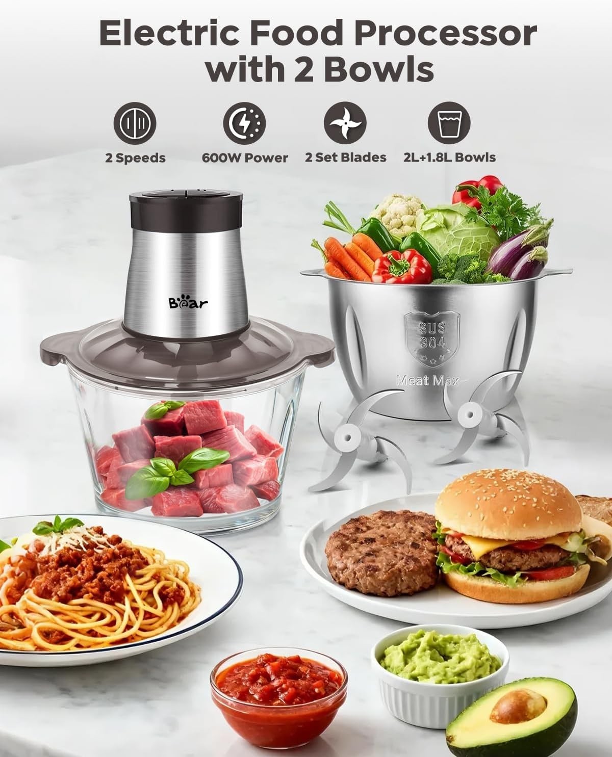 Electric Food Processor 2L 1.8L Meat Grinder Chopper 600W Dual Bowl