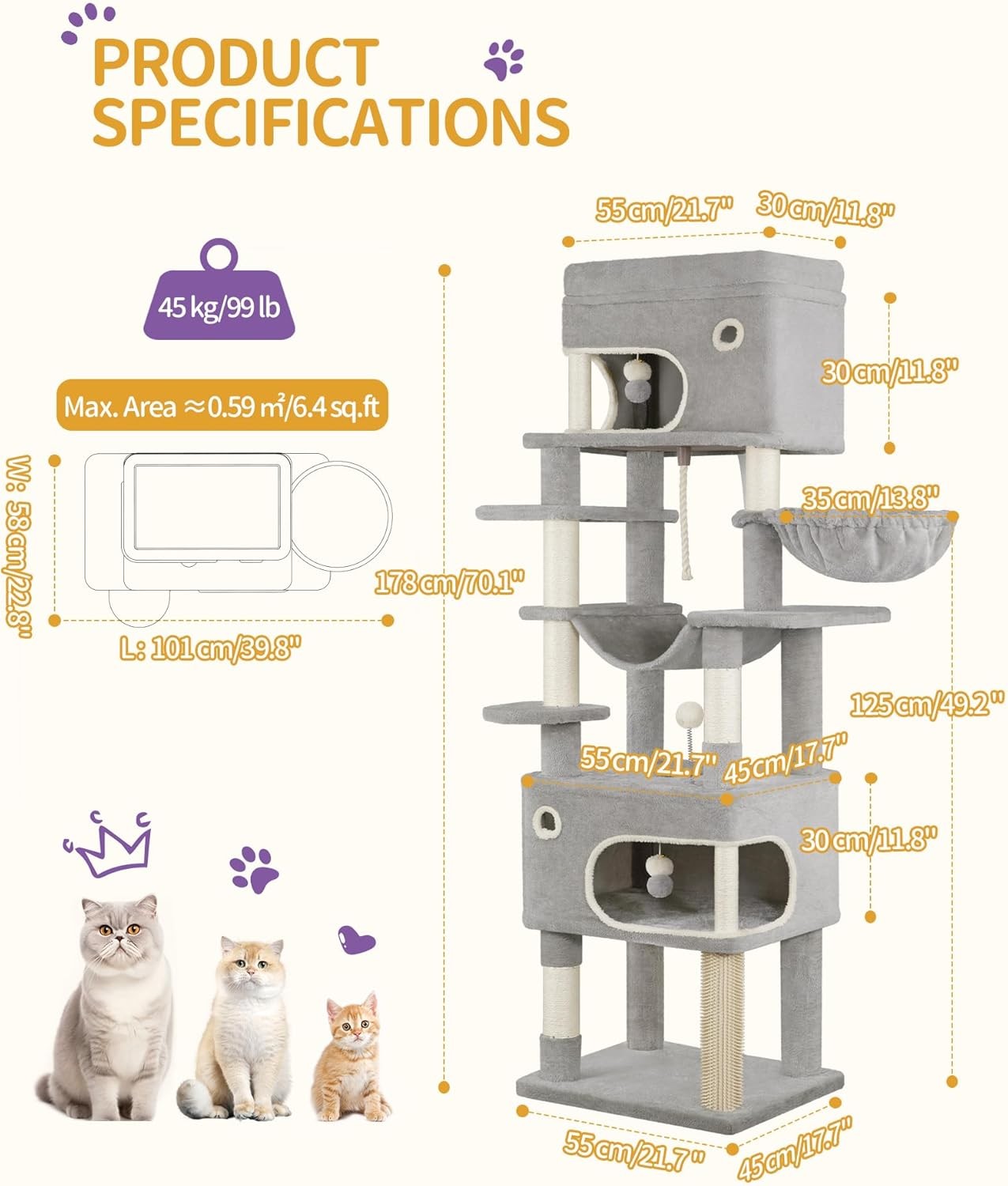 178cm Tall Cat Tree Tower Multi-Level Scratching Posts Condos