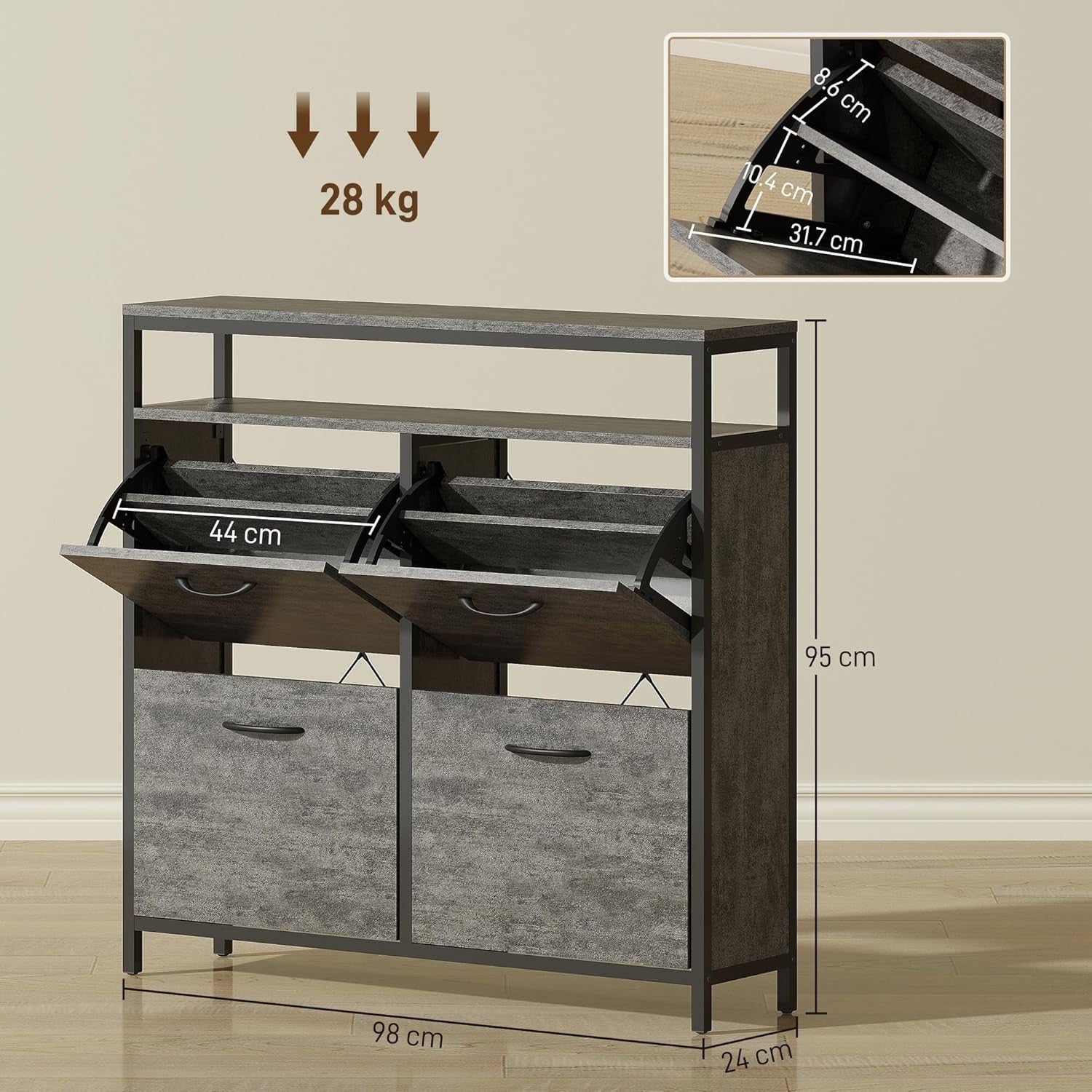 Slim Industrial Shoe Cabinet 4 Flip Drawers Hallway Storage 98x24x95cm