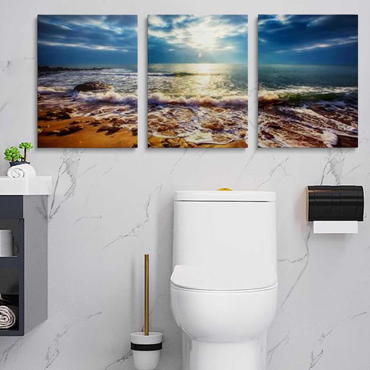 Sea Beach Wall Art Set of 3 Framed Canvas 12x16in Ocean Print