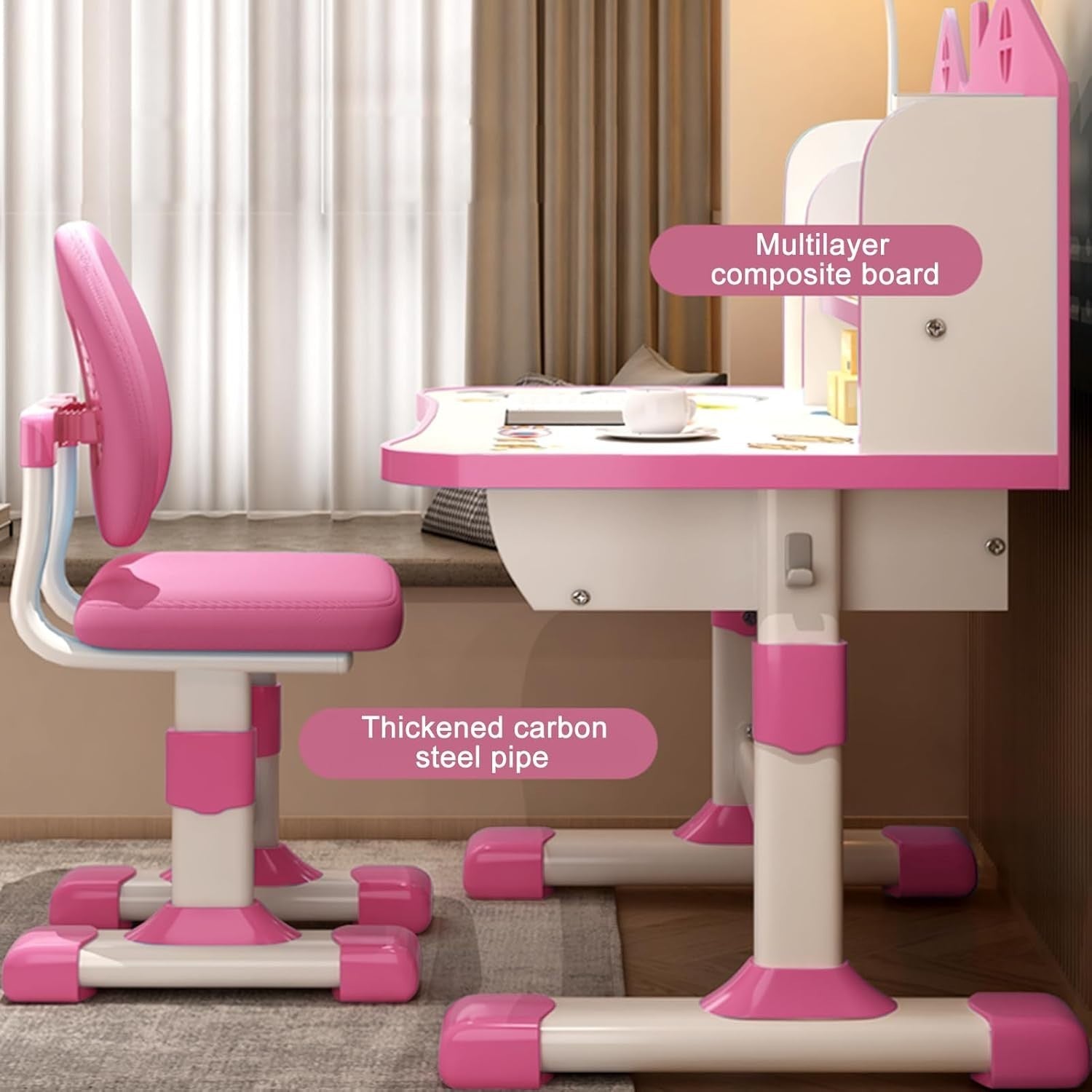 Kids Study Desk & Chair Set Height Adjustable Writing Table with Bookshelf Pink