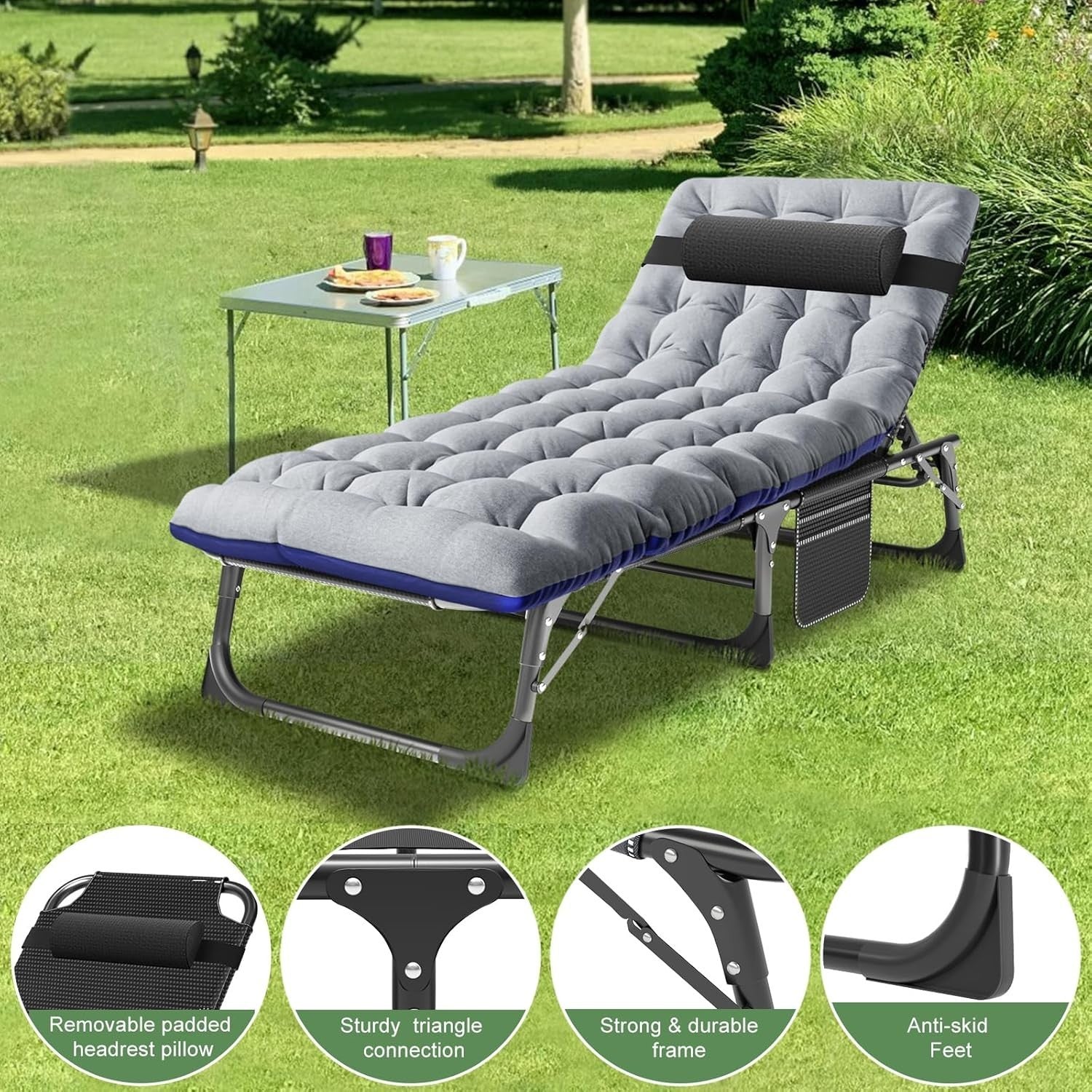 Recliner Sun Lounger Bed Chair 200kg Foldable Garden Camp Guest Seat Grey