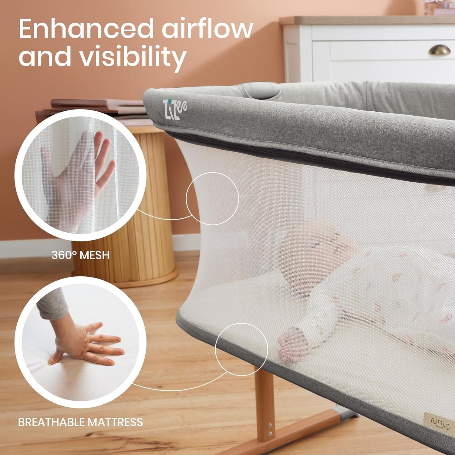Rocking Baby Crib with Mesh Breathable Bassinet Travel Cot Wheels & Mattress