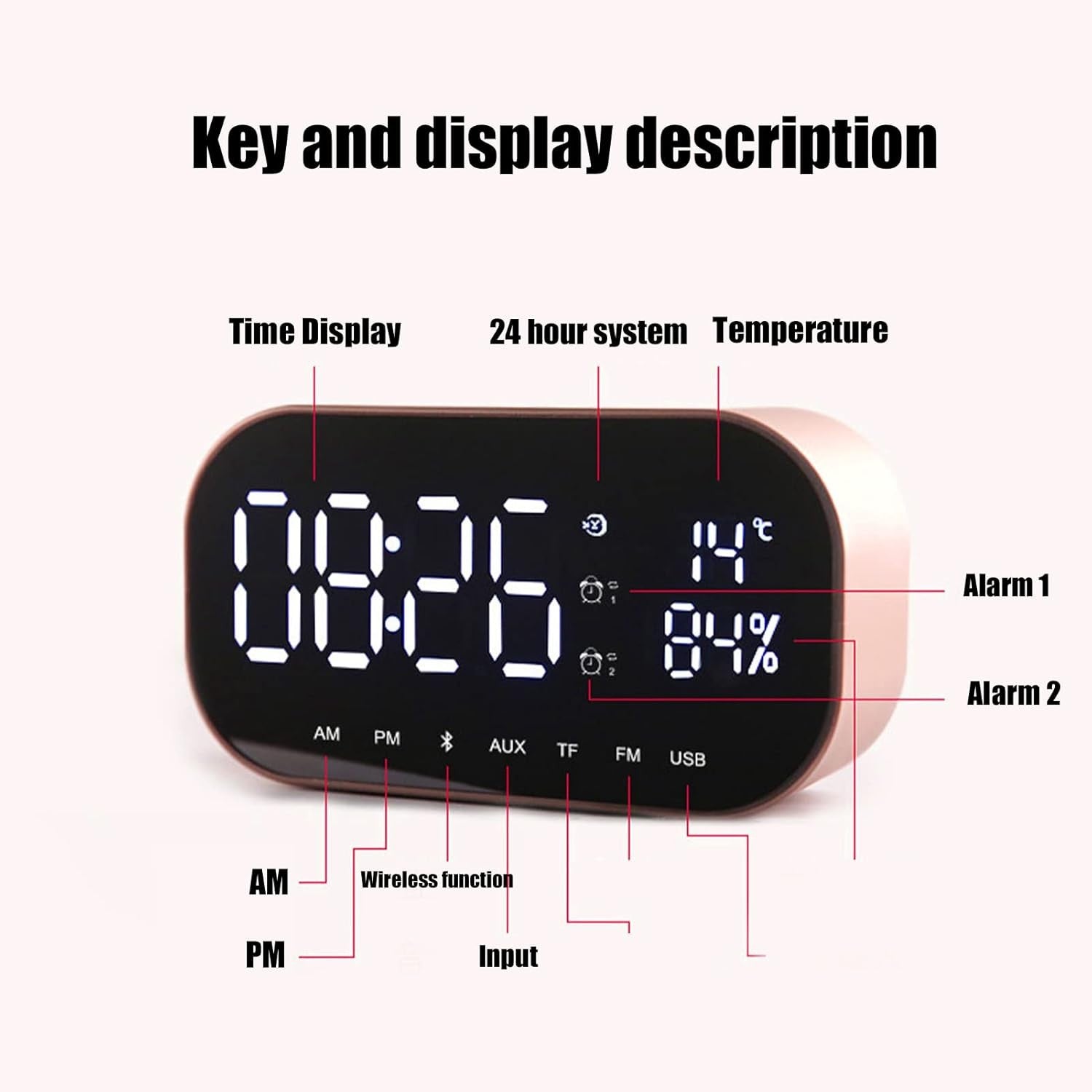 Digital Alarm Clock Radio Bluetooth Speaker FM Thermometer Rose Gold