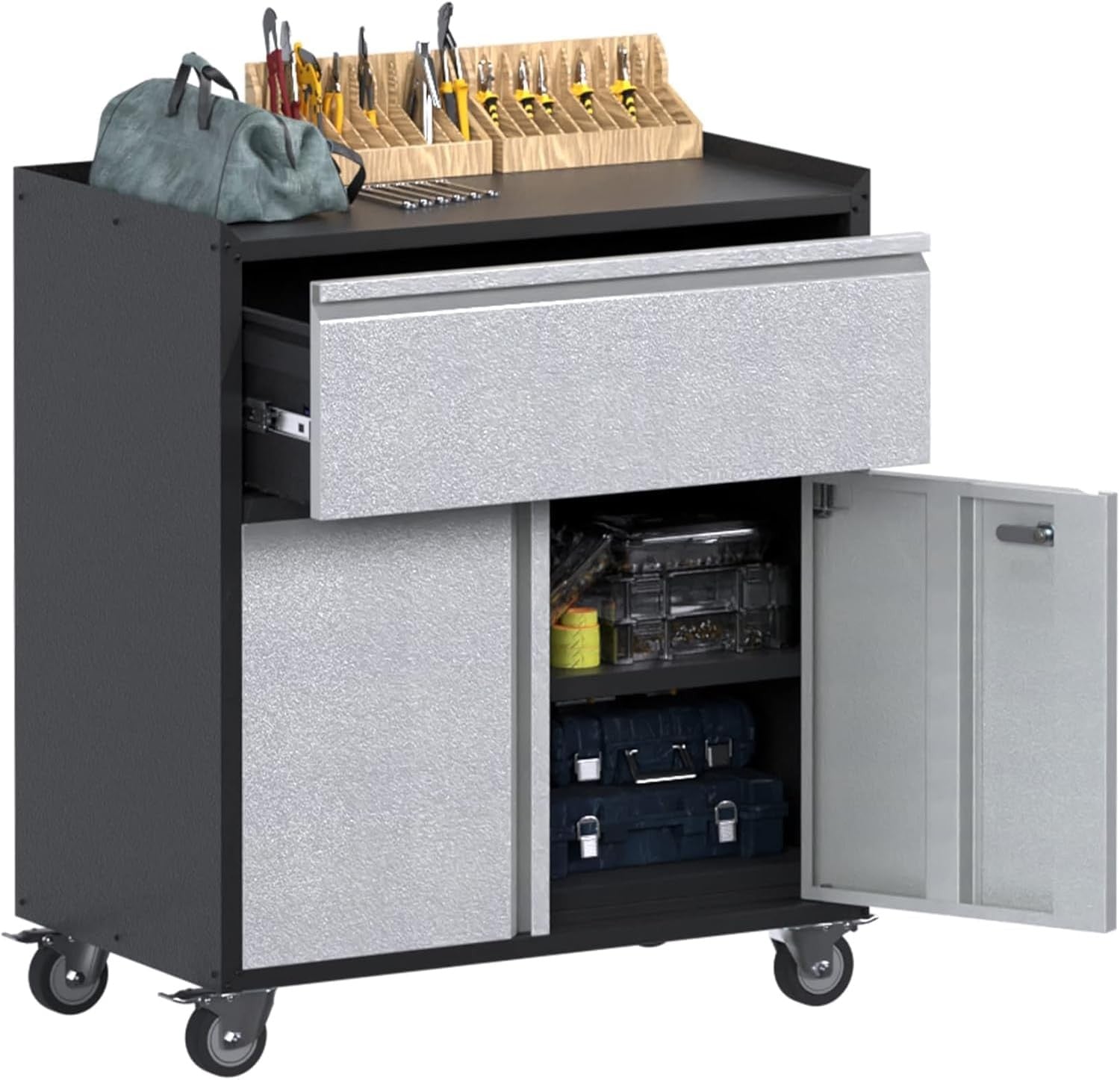 Metal Storage Cabinet with Wheels 2 Doors 1 Drawer Lockable Garage Organizer