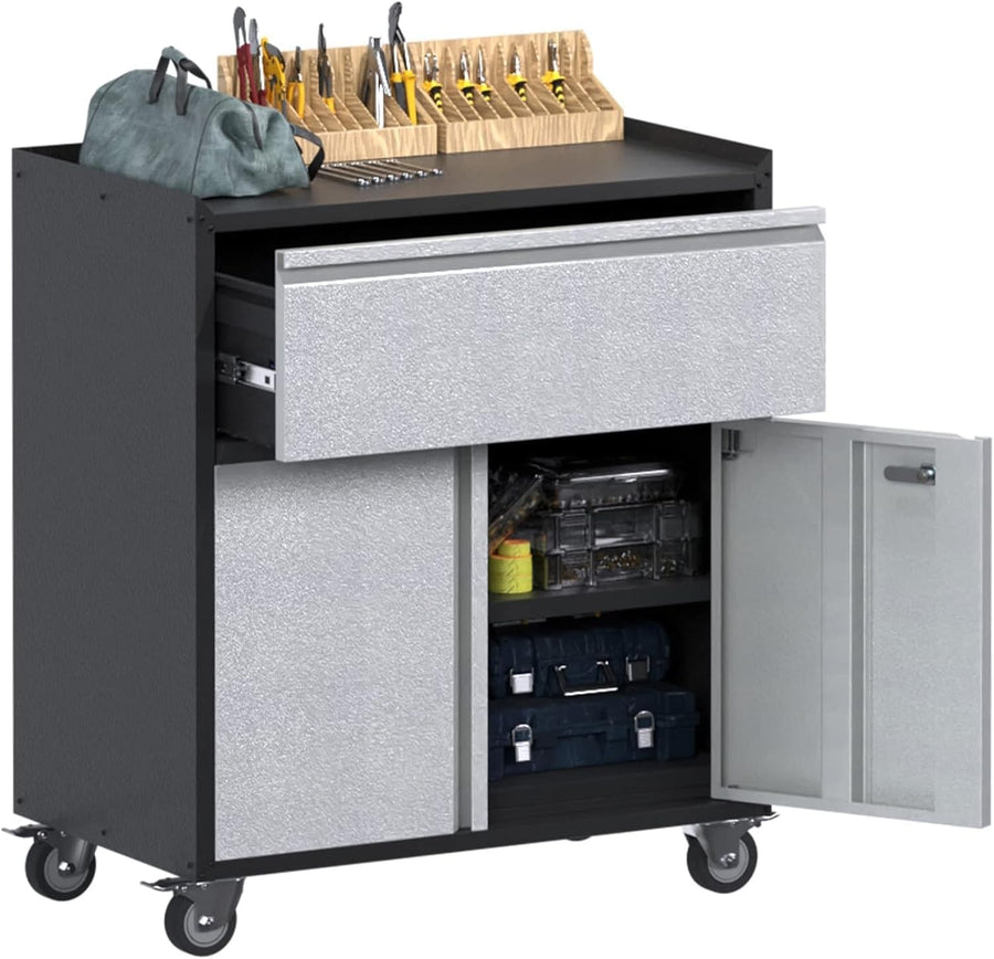Metal Storage Cabinet with Wheels 2 Doors 1 Drawer Lockable Garage Organizer