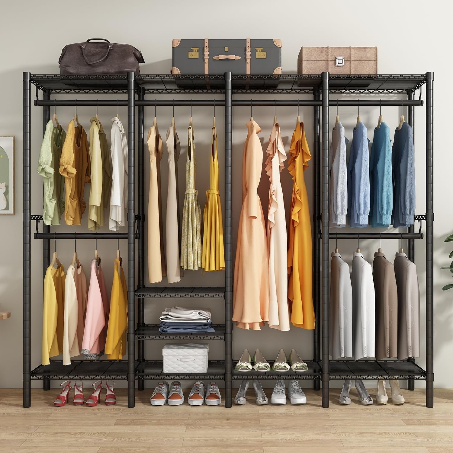 Heavy Duty Clothes Rail 4 Rod Adjustable Shelves Wardrobe Black