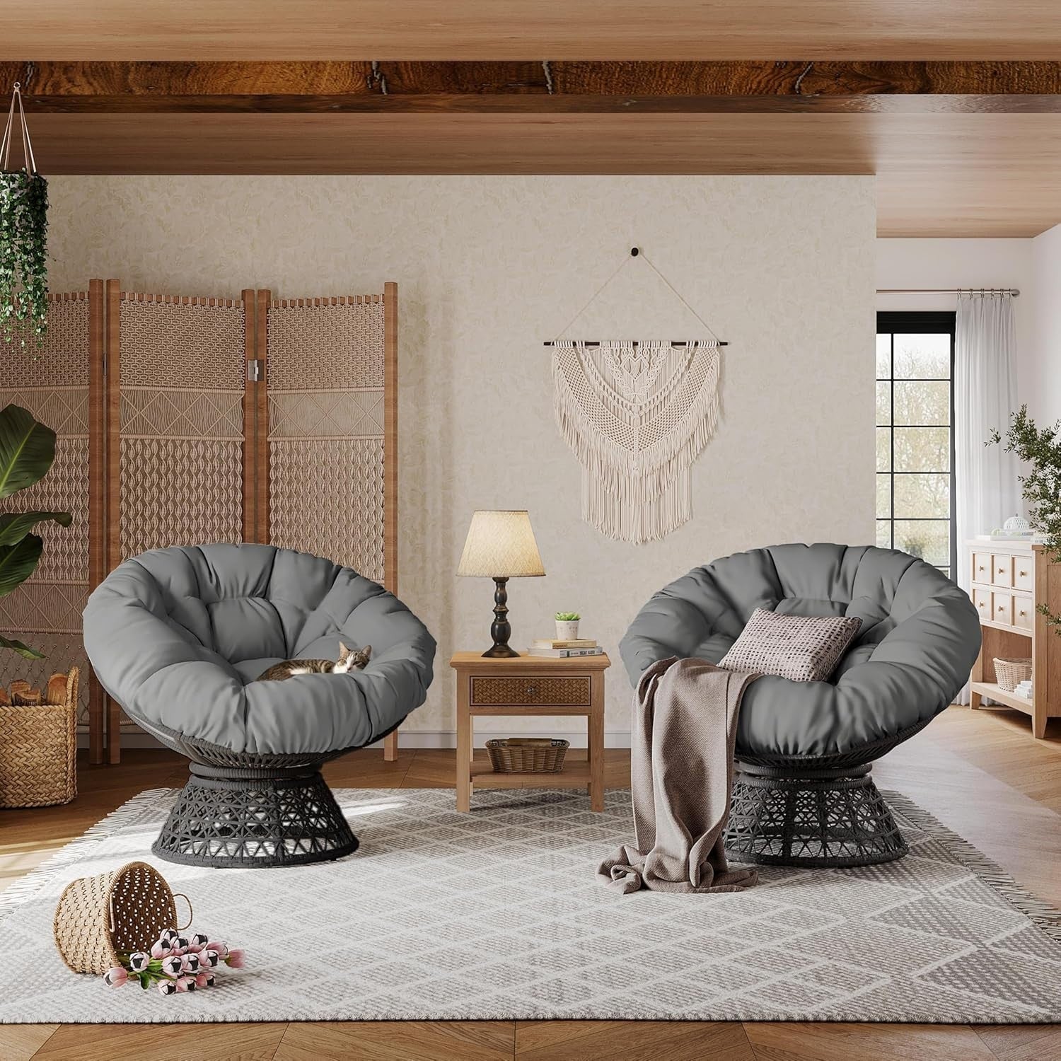 Swivel Papasan Moon Chair Oversized Round Lounge Chair with Thick Cushion