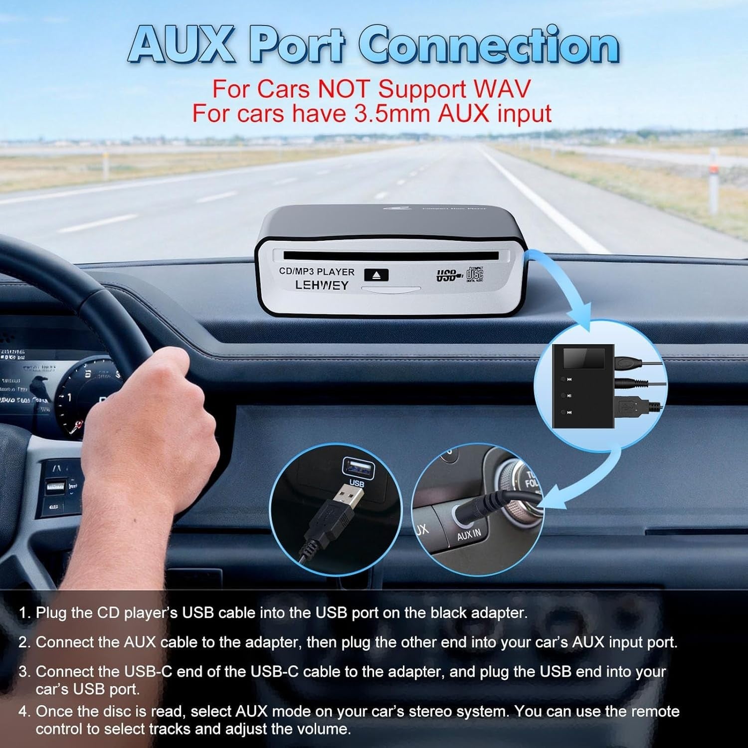 External Car CD Player USB Plug Play Portable Anti Skip Remote