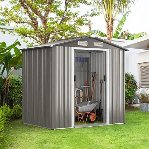6x4FT Metal Garden Storage Shed with Vents, Sliding Door & Ramp, Weatherproof