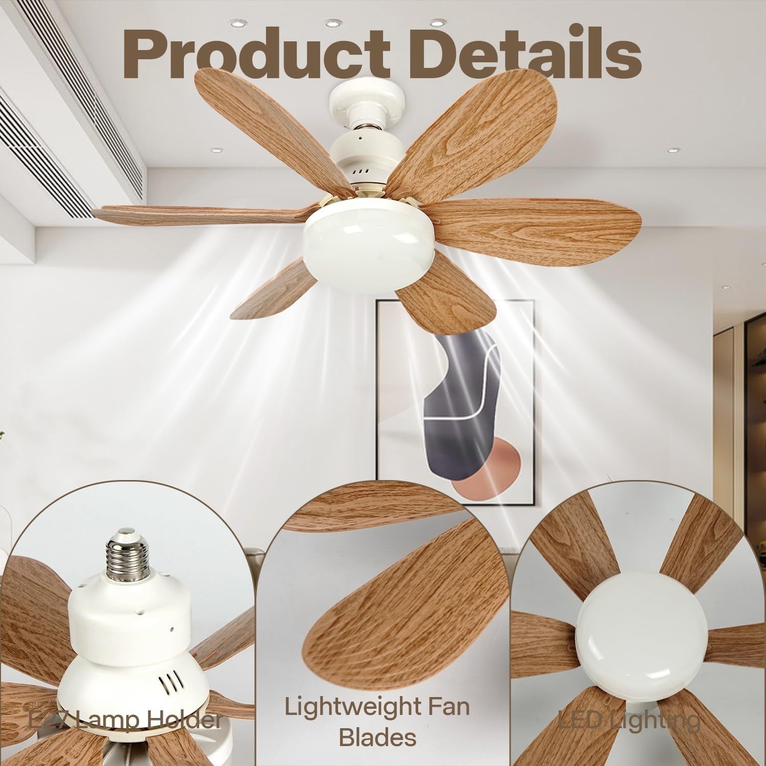 52cm LED Ceiling Fan Light, 3 Speed, Dimmable 3000K-6500K, E27, Remote
