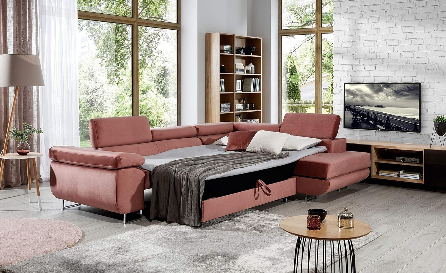 3-Seater L-Shape Corner Sofa Bed – Microfiber, Modern Beige & Brown Design