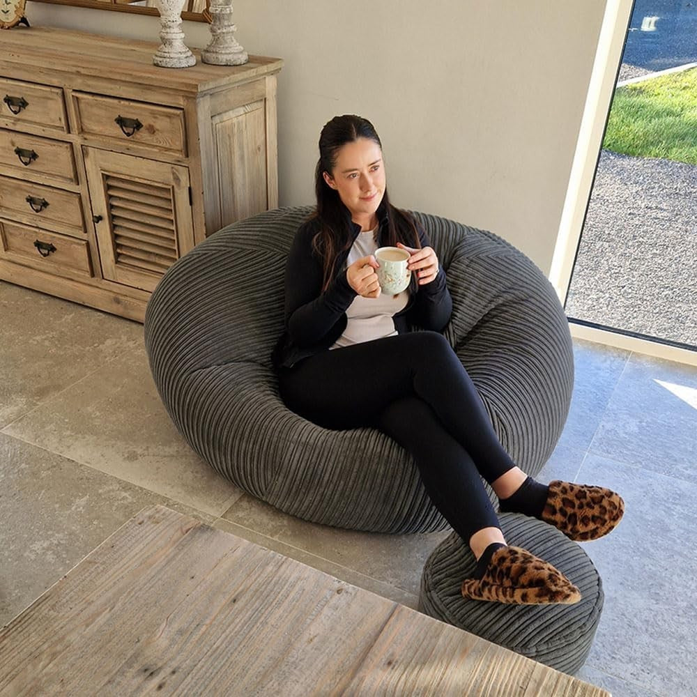 Giant Slate Grey Corduroy Bean Bag Chair Lounge Seat Washable Sofa