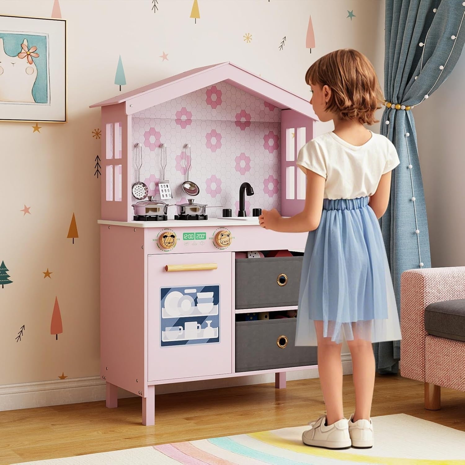 Wooden Kids Play Kitchen Pink Toy Set Sink Dishwasher Storage Stove
