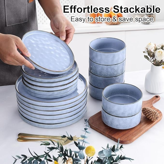 18pc Stoneware Dinner Set Plates Bowls Reactive Glaze Service for 6 Blue