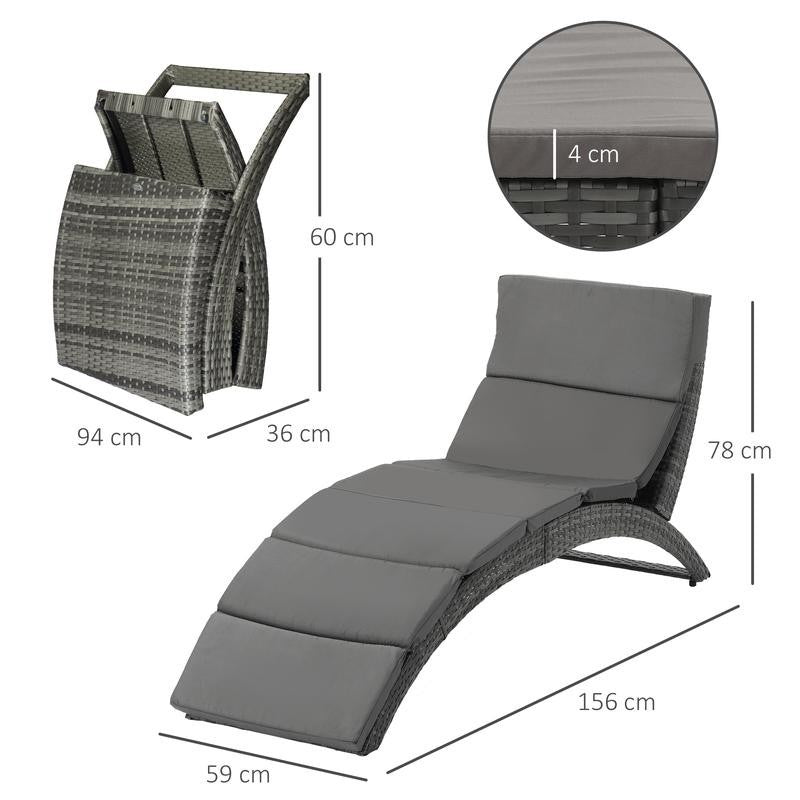 Grey PE Rattan Folding Sun Lounger Recliner Chair Cushioned Garden