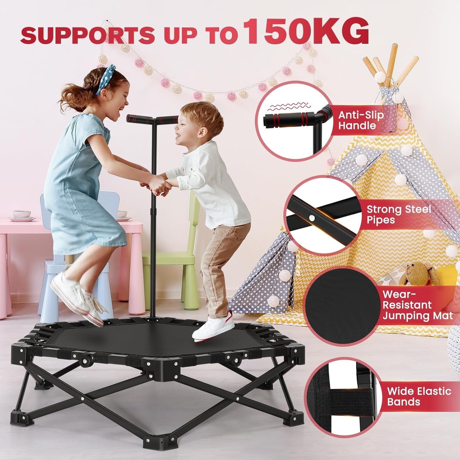 Foldable Mini Trampoline Adjustable Handle Quiet Kids Adults 150KG