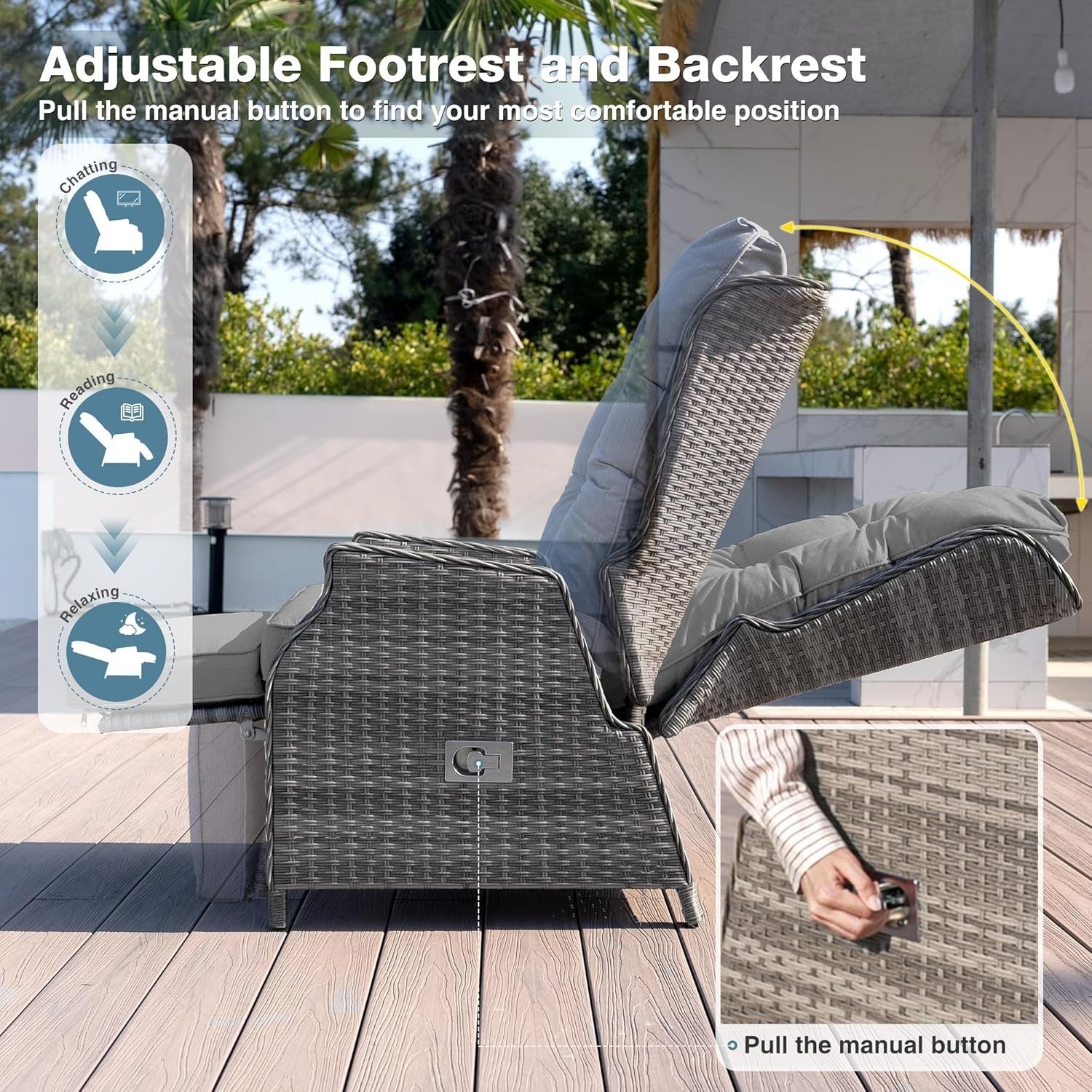 Rattan Recliner Sun Lounger Chair w/ Cushions & Flip Table – Light Grey